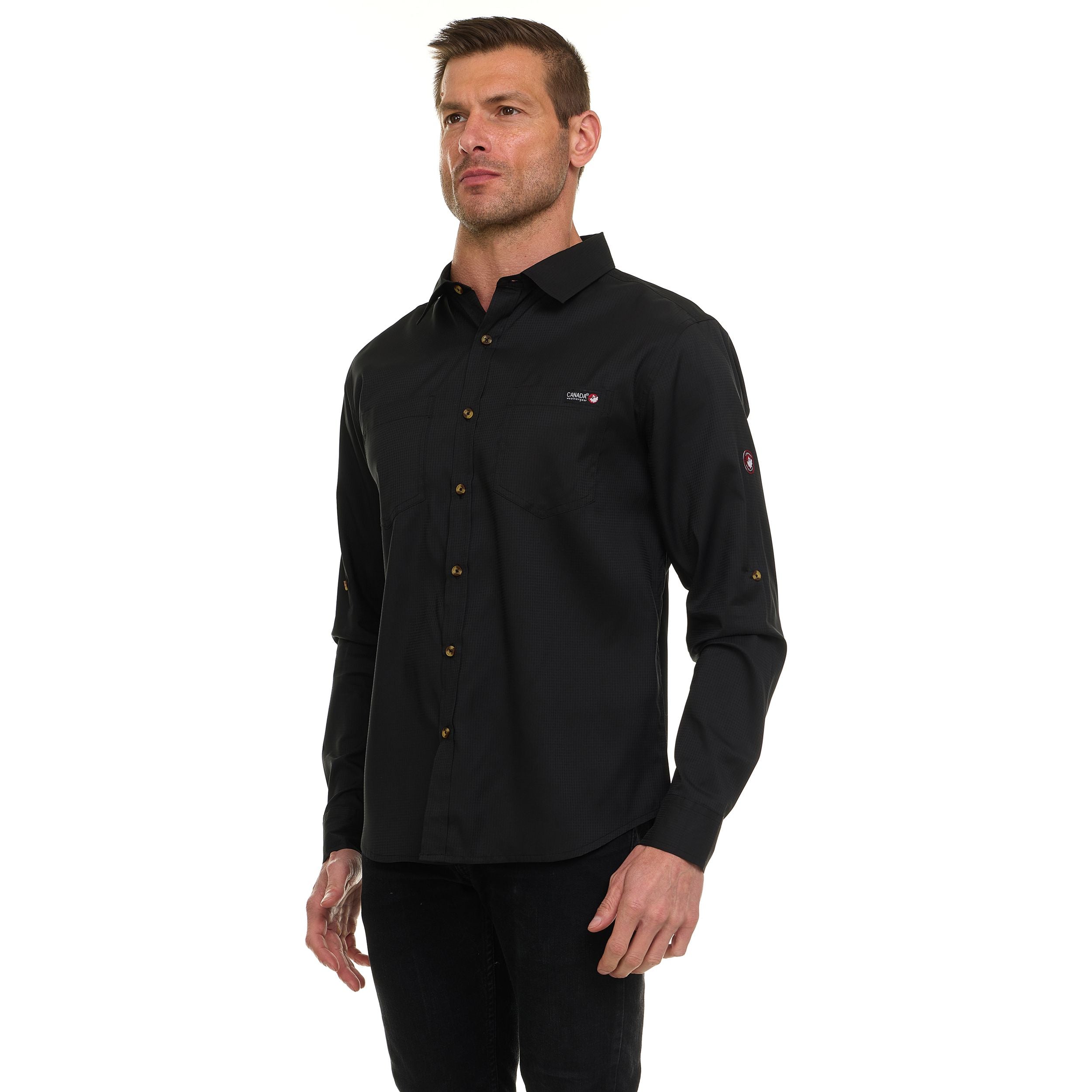 Canada Weather Gear Men’s Long Sleeve Ripstop Shirt – Roll-Up Sleeves, Dual Chest Pockets, Outdoor Lightweight Button-Down