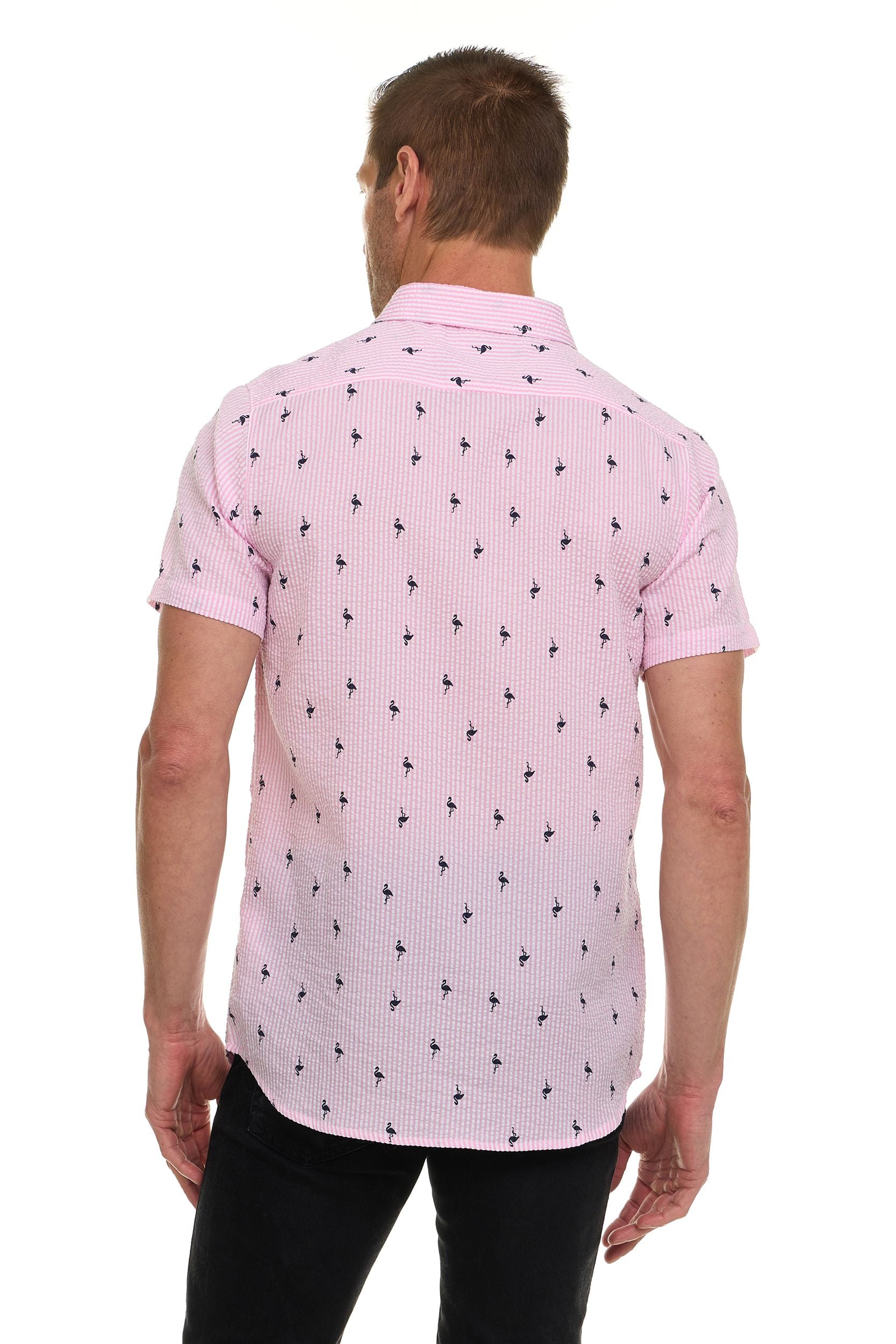 Canada Weather Gear Men’s Seersucker Short Sleeve Shirt with Allover Palm Print – Lightweight Button-Down Casual Shirt
