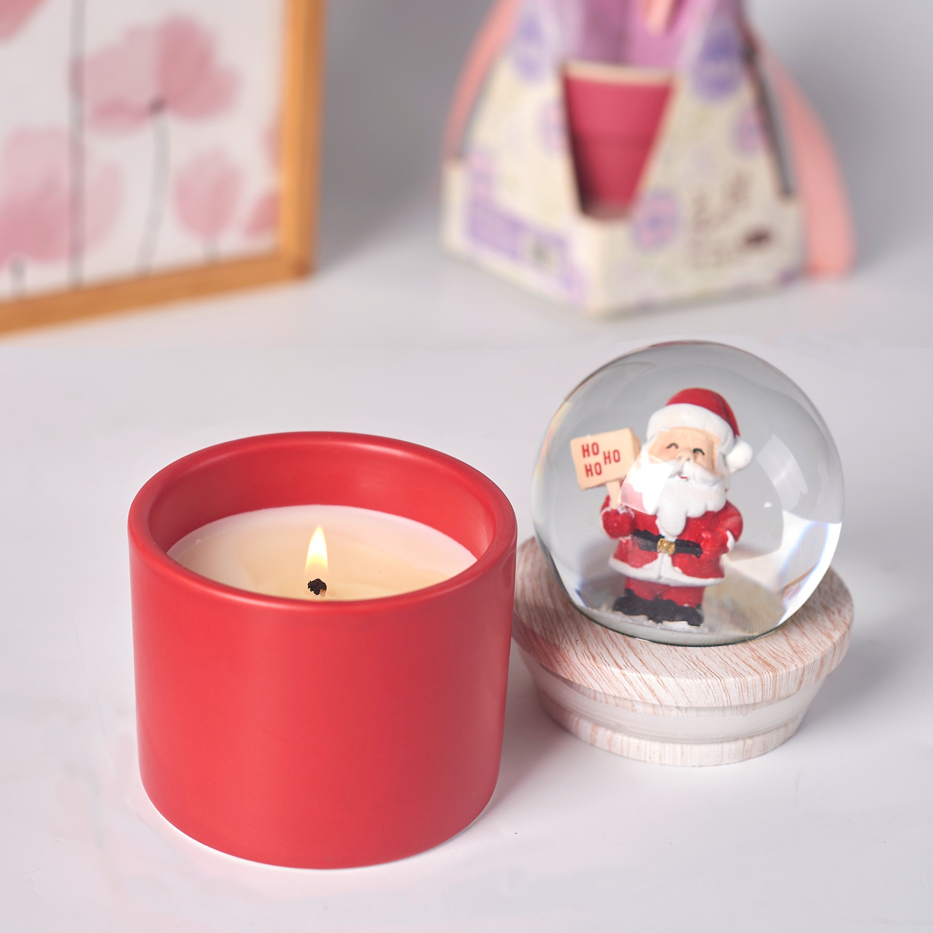 Snow Globe Candle for Christmas - Holiday Gift with Snowman & Santa Snow Globes - Dual Use Candle & Decor - 6oz/170g