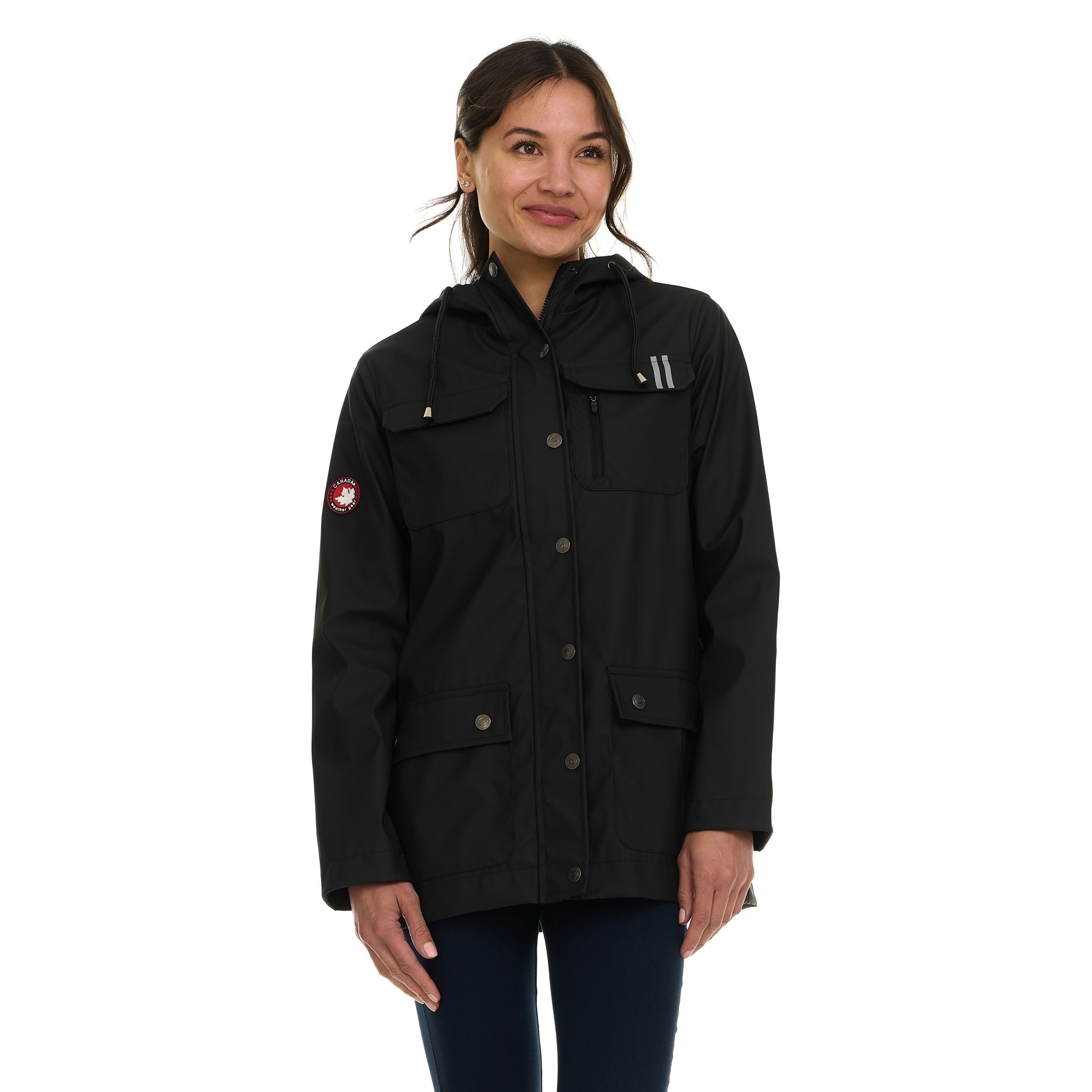 Canada Weather Gear Women's Waterproof Rain Coat with Hood – Lightweight Outdoor Rain Jacket with Front Pockets & Snap Closure
