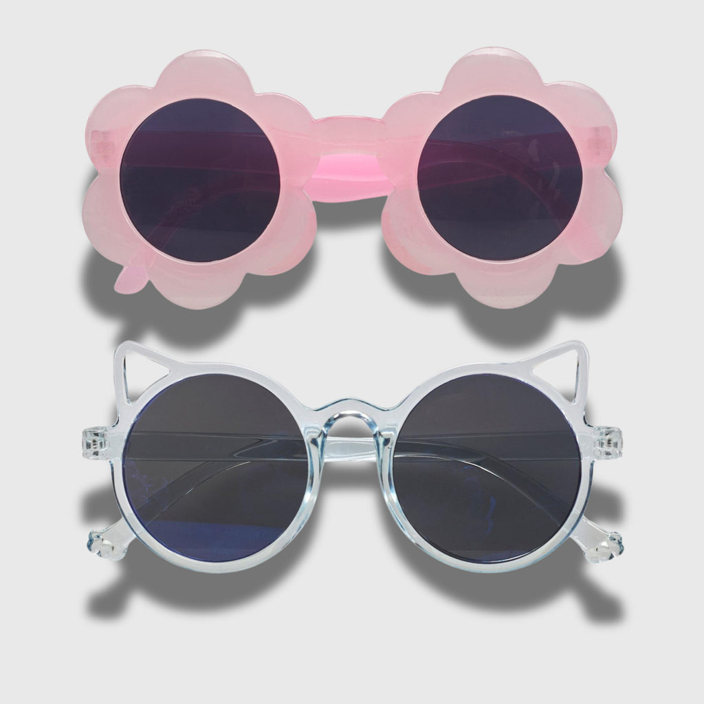 Willow & Ruby 2 Pack Infant's Sunglasses for Girls (Infant, Baby) in Pink Flower & Glossy Blue Cat