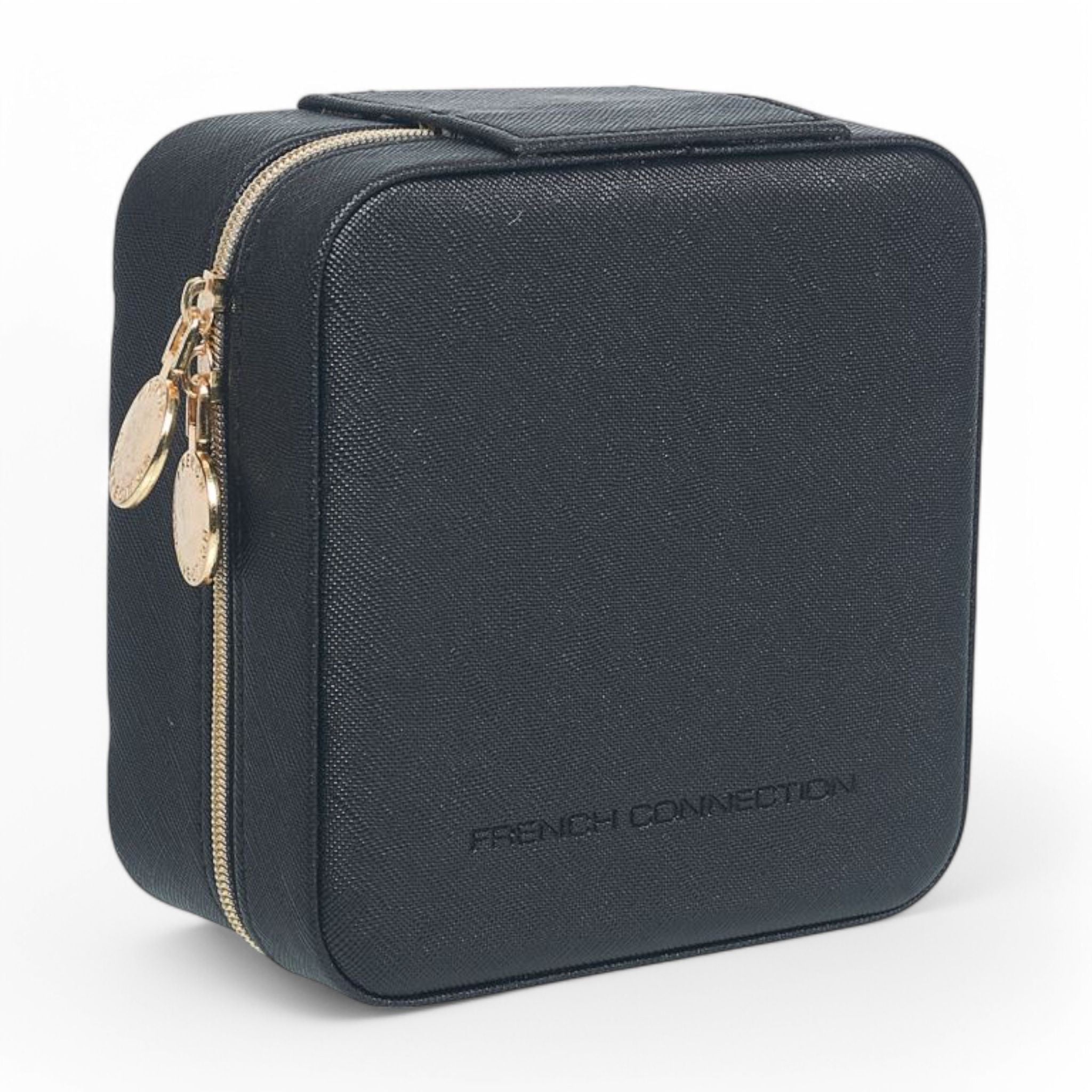 French Connection Large Travel Jewelry Box Organizer with Mirror – Faux Leather Storage for Rings, Earrings, Necklaces & Bracelets