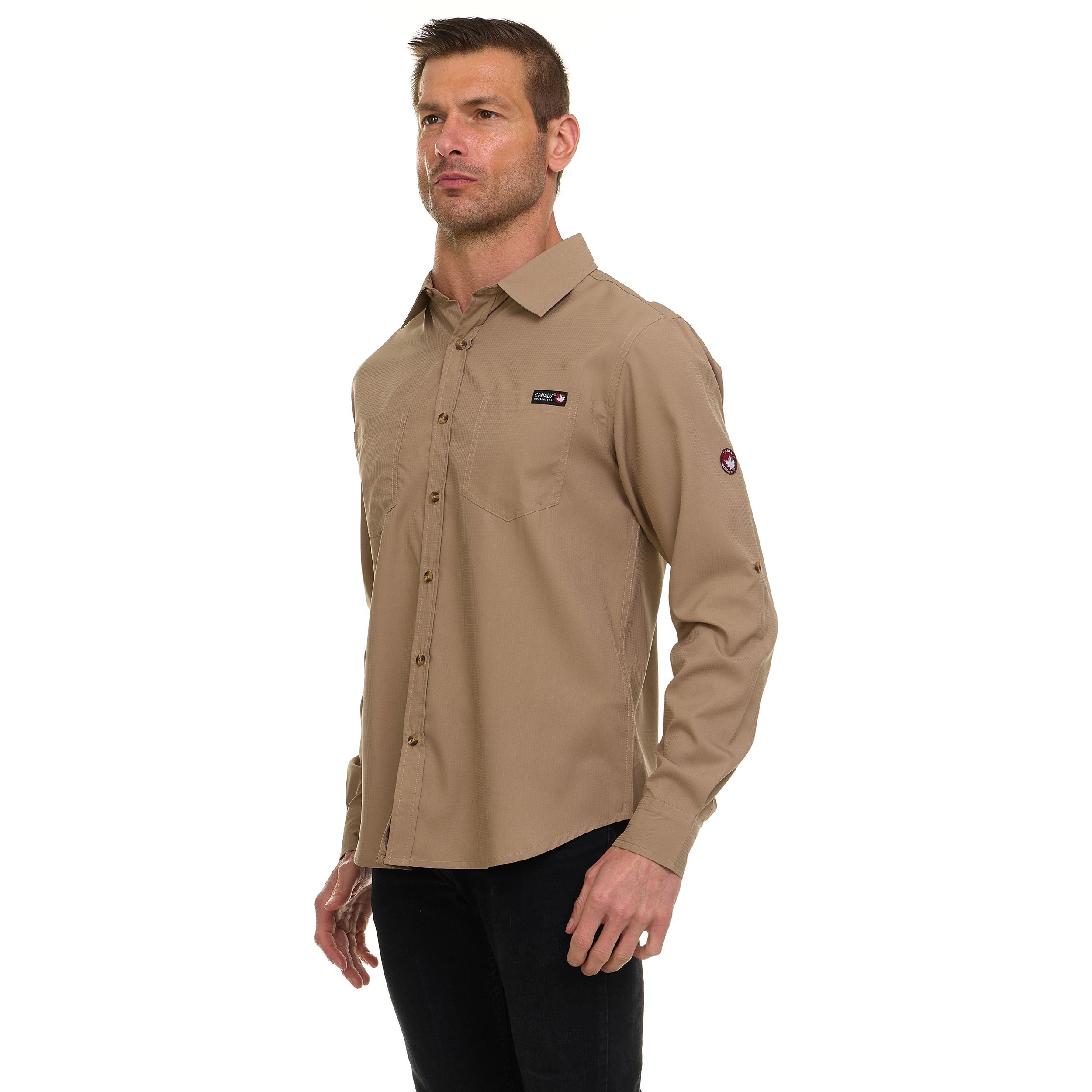 Canada Weather Gear Men’s Long Sleeve Ripstop Shirt – Roll-Up Sleeves, Dual Chest Pockets, Outdoor Lightweight Button-Down