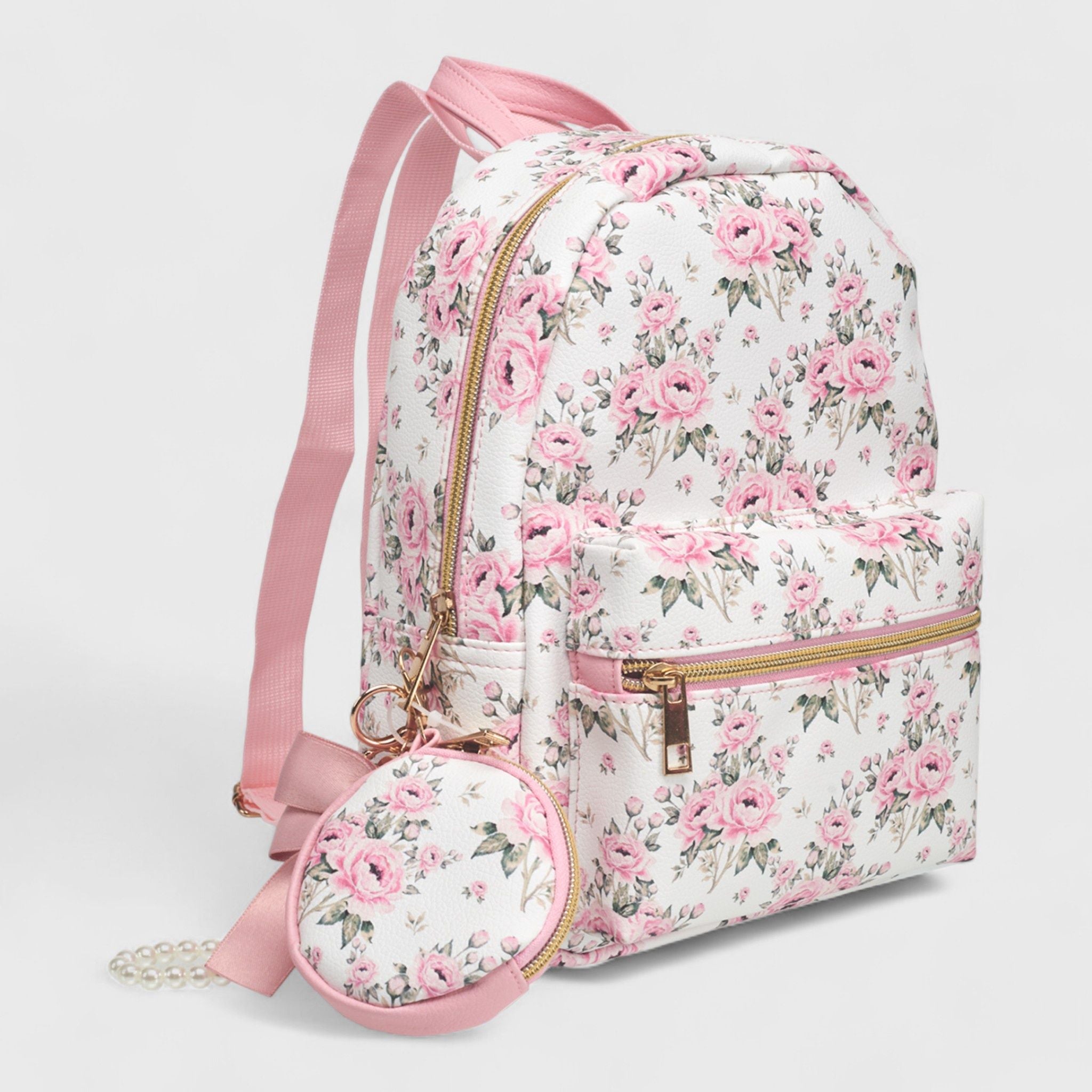 A Little Obsessed Girl's Floral Garden Party Backpack Set with Matching Coin Purse & Pearl Keychain – Cute Mini Backpack for Kids