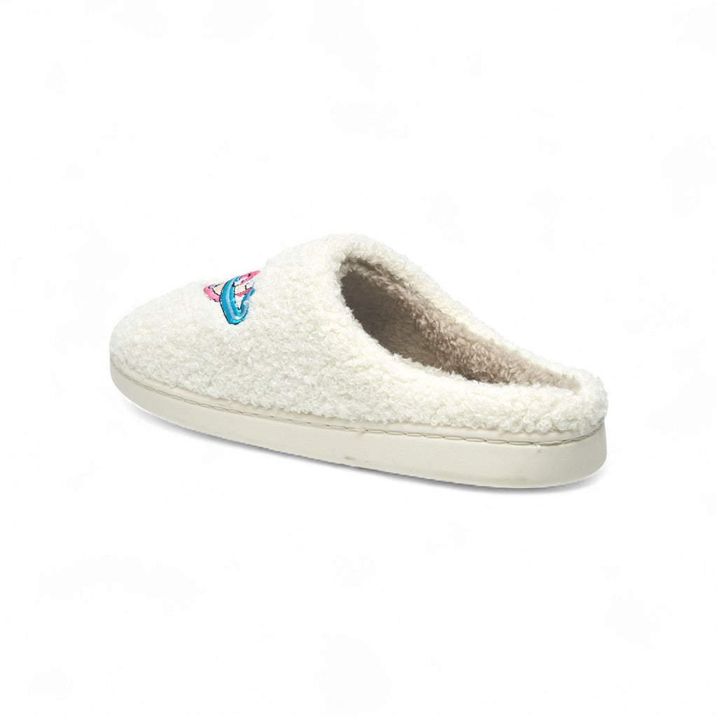 Aéropostale Women’s Fuzzy “Galaxy Heart” Mule Slippers – Ivory Slip-On House Shoes with Pink Heart-Planet & Blue Ring Embroidery