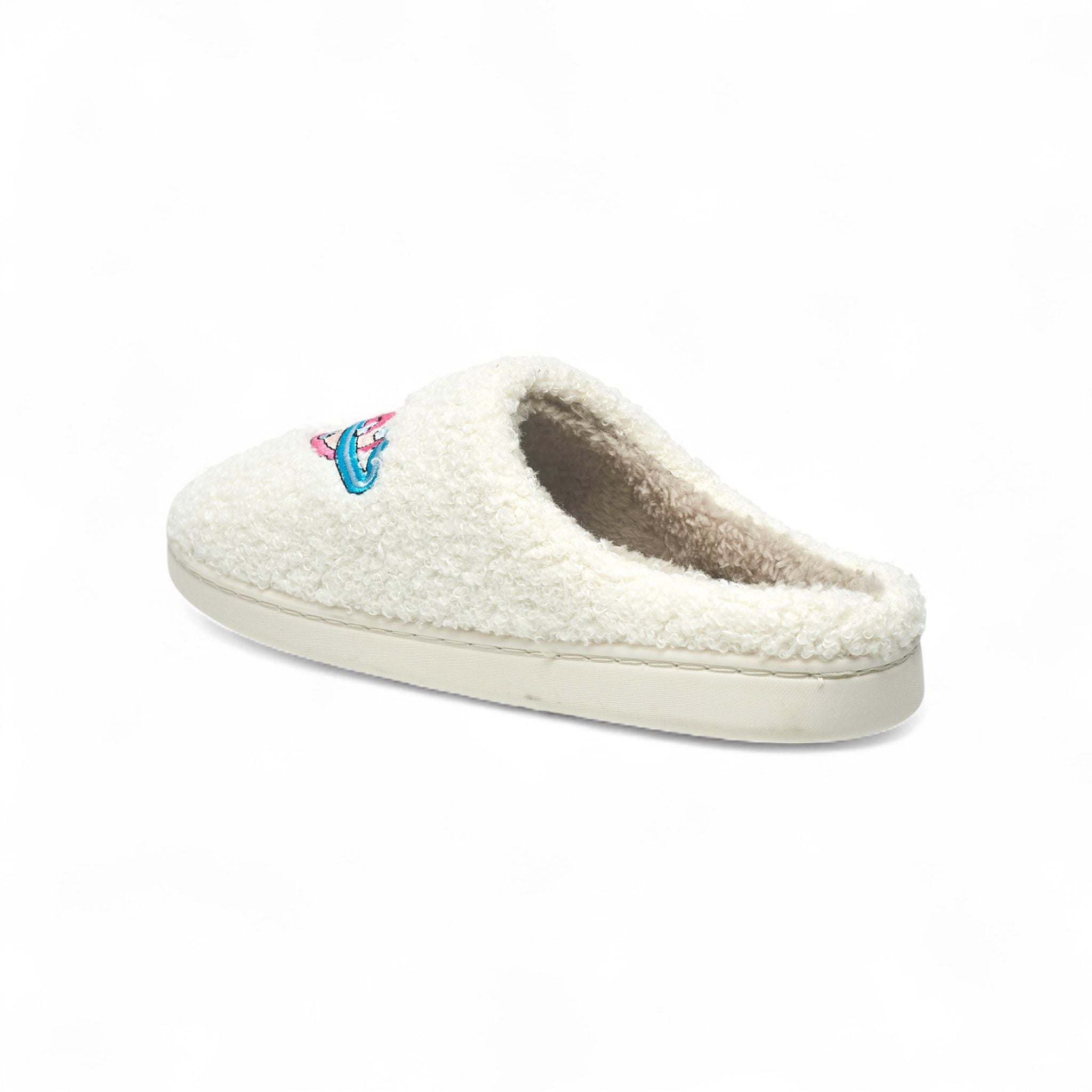 Aéropostale Women’s Fuzzy “Galaxy Heart” Mule Slippers – Ivory Slip-On House Shoes with Pink Heart-Planet & Blue Ring Embroidery