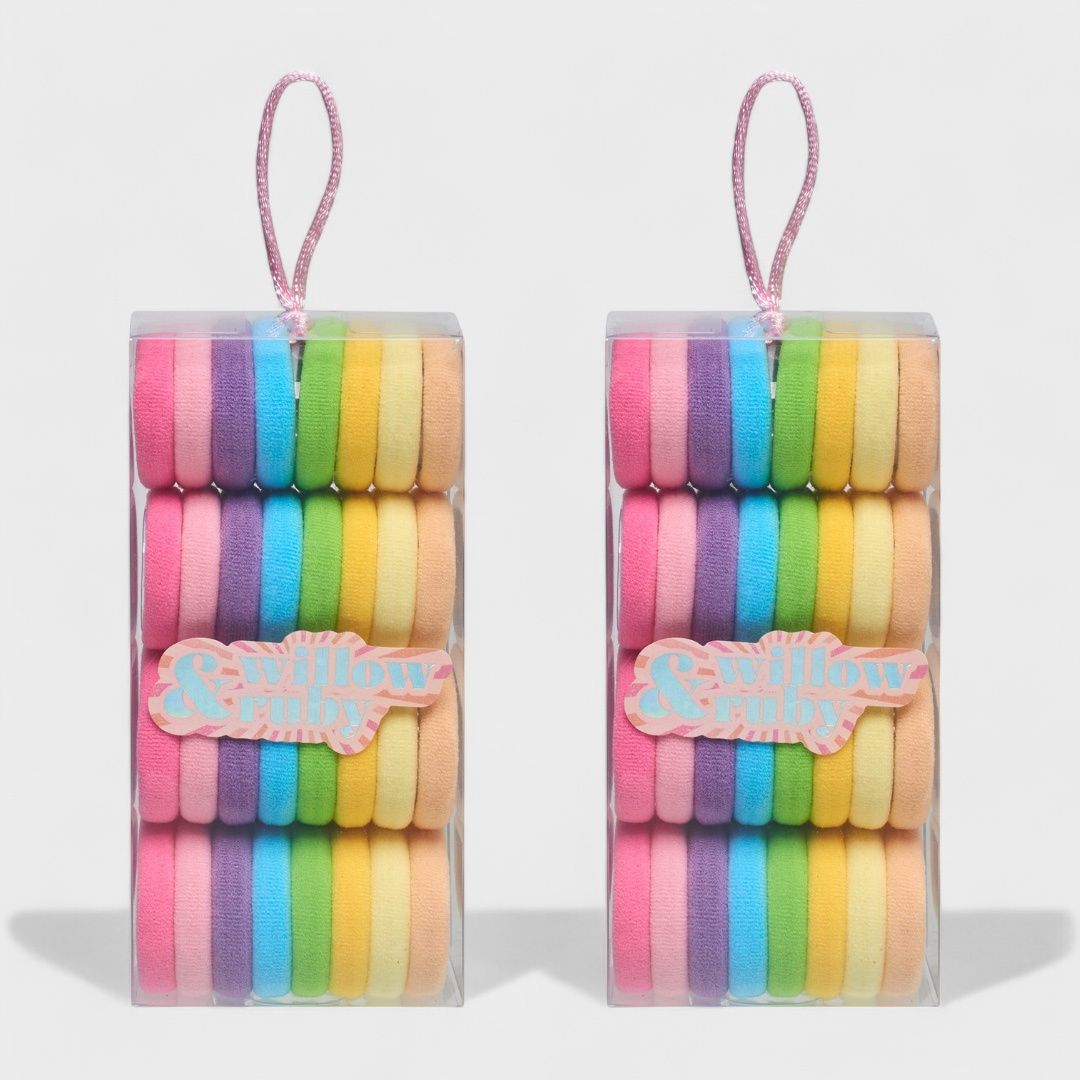 Willow & Ruby 2-Pack Elastic Hair Ties for Girls - Soft, No-Damage Hair Bands, Multicolor Pack