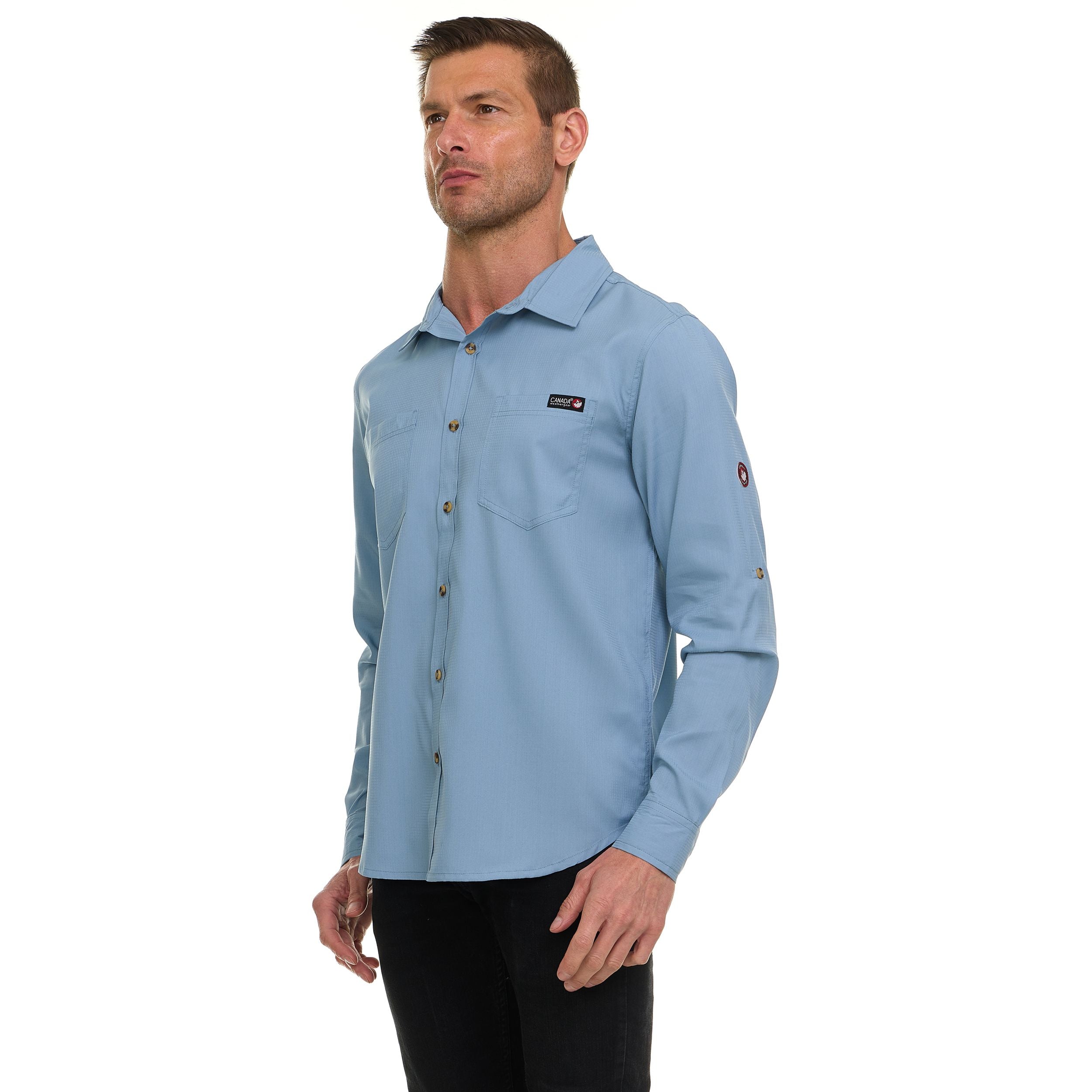 Canada Weather Gear Men’s Long Sleeve Ripstop Shirt – Roll-Up Sleeves, Dual Chest Pockets, Outdoor Lightweight Button-Down
