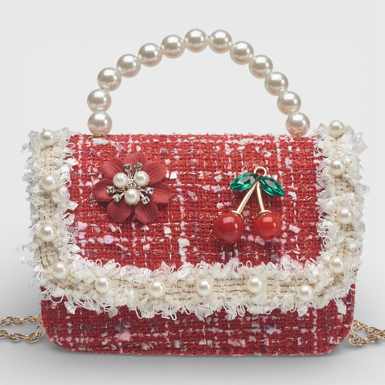 Willow & Ruby Girl's Tweed Mini Handbag with Pearl Handle in Red