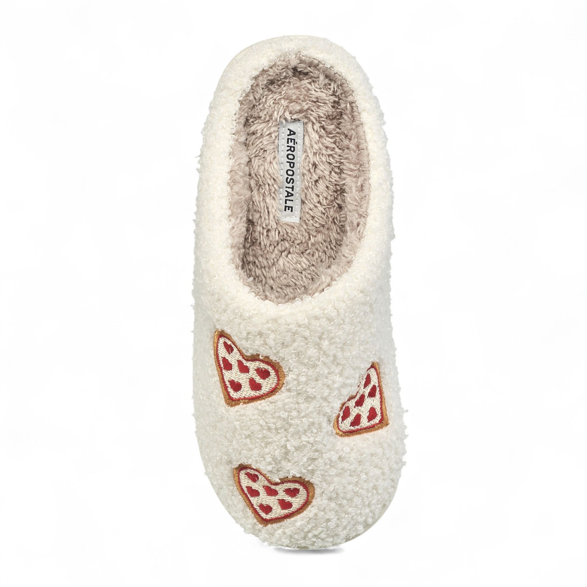 Aéropostale Women’s Fuzzy Pizza-Heart Mule Slippers – Ivory Slip-On House Shoes with Pepperoni Heart Embroidery & Non-Slip Outsole in Large