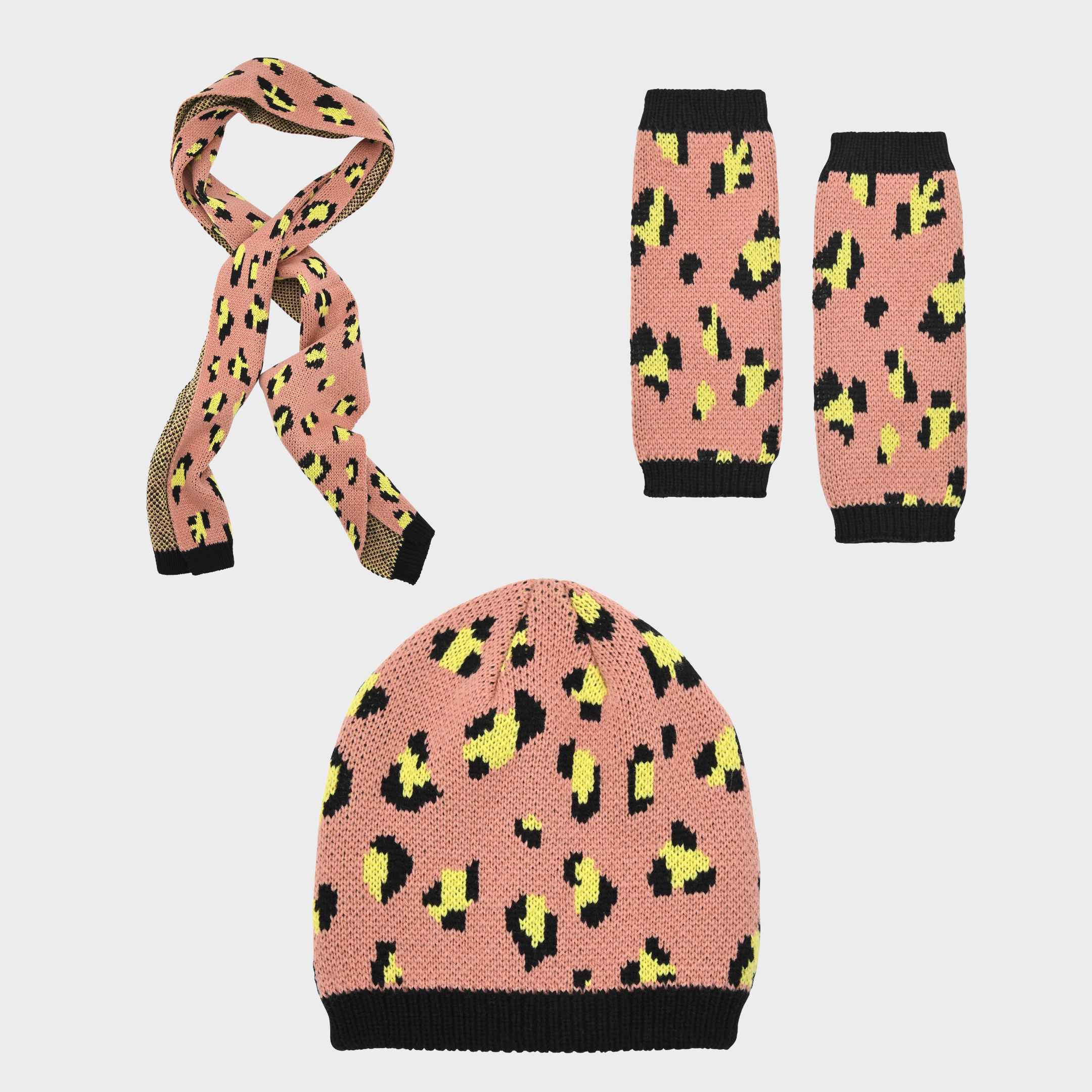 French Connection Women's 3-Piece Leopard Print Winter Set - Beanie, Scarf, & Leg Warmers