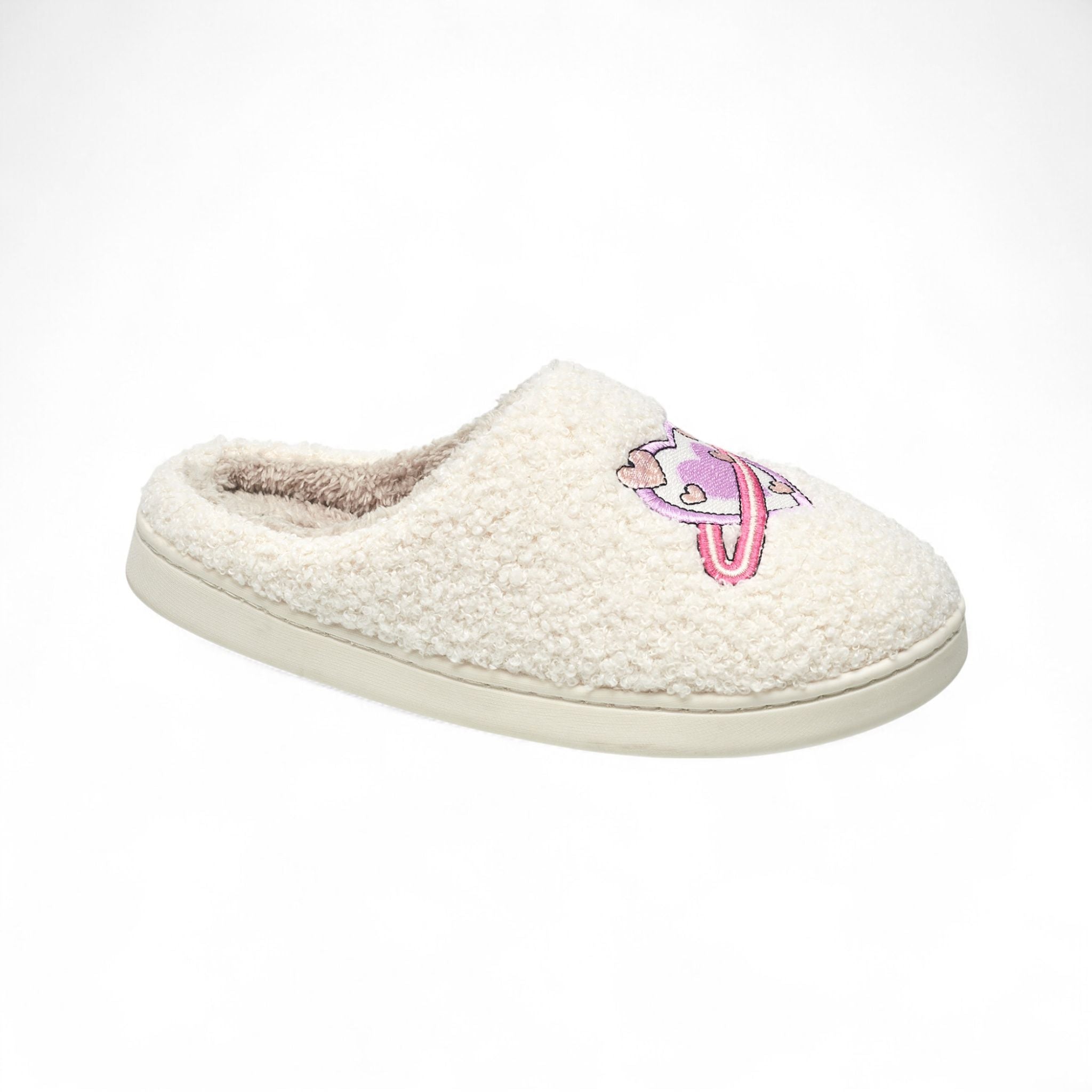 Aéropostale Women’s Fuzzy “Pink Heart-Planet” Mule Slippers – Ivory Slip-On House Shoes with Pastel Planet-Heart Embroidery