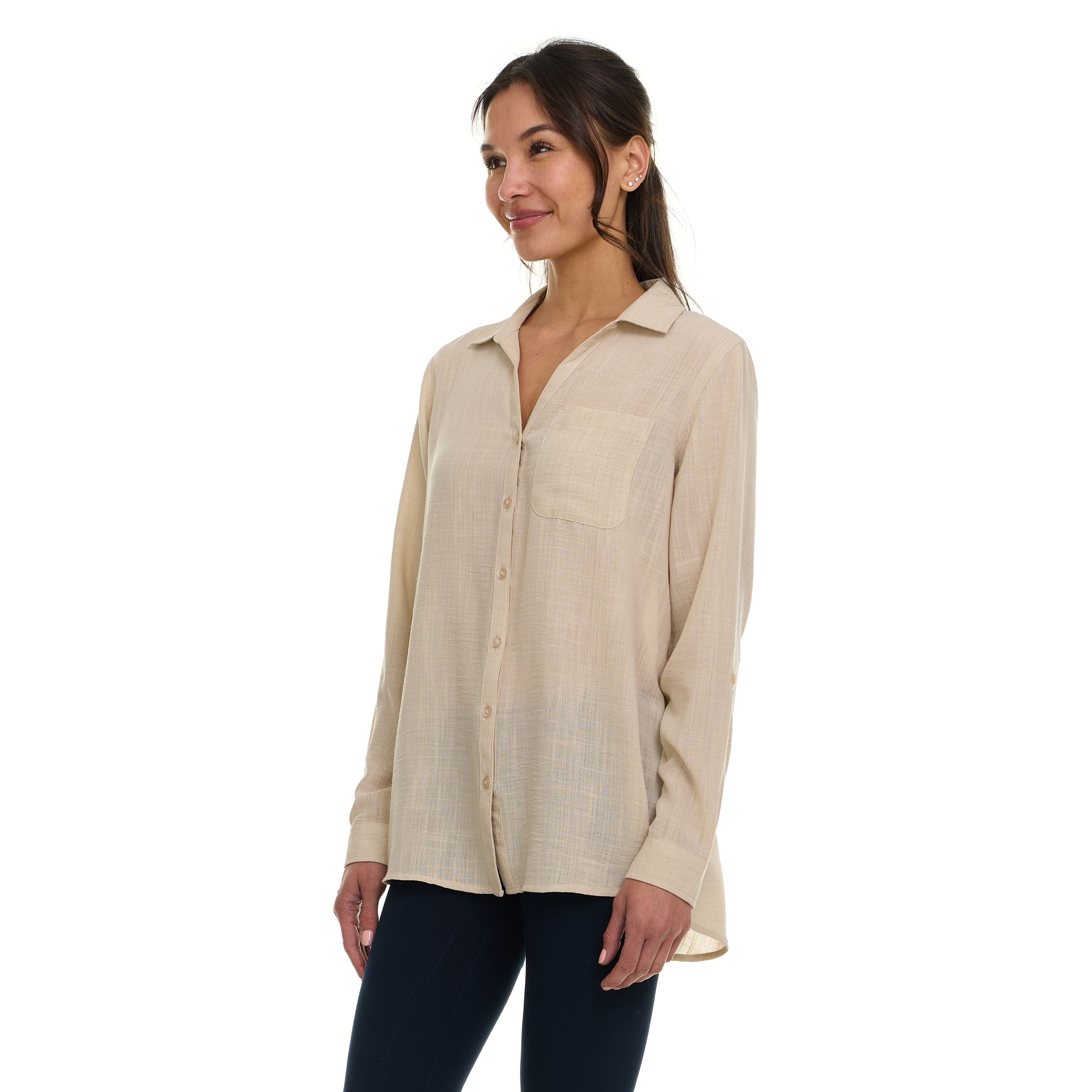 Super Triple Goose Women’s Linen Long Sleeve Button-Down Shirt – Lightweight Casual Collared Top with Pocket