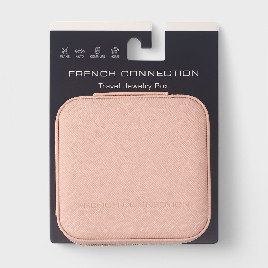 French Connection Small Travel Accessory Organizer with Mirror – Compact Jewelry Storage Box, Faux Leather