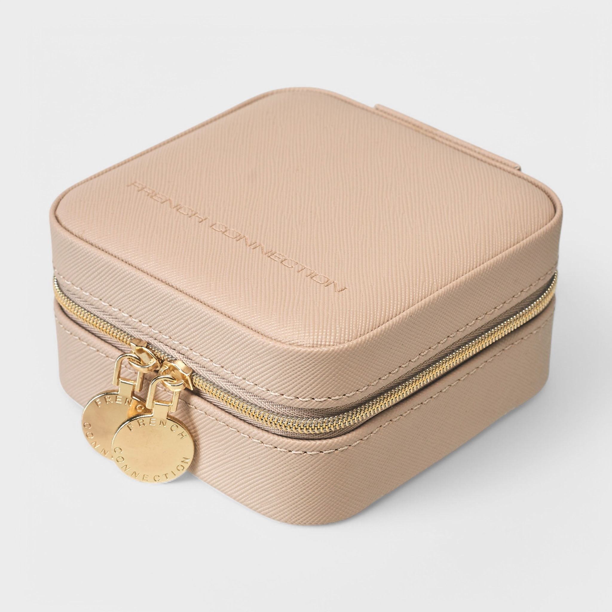 French Connection Small Travel Accessory Organizer with Mirror – Compact Jewelry Storage Box, Faux Leather