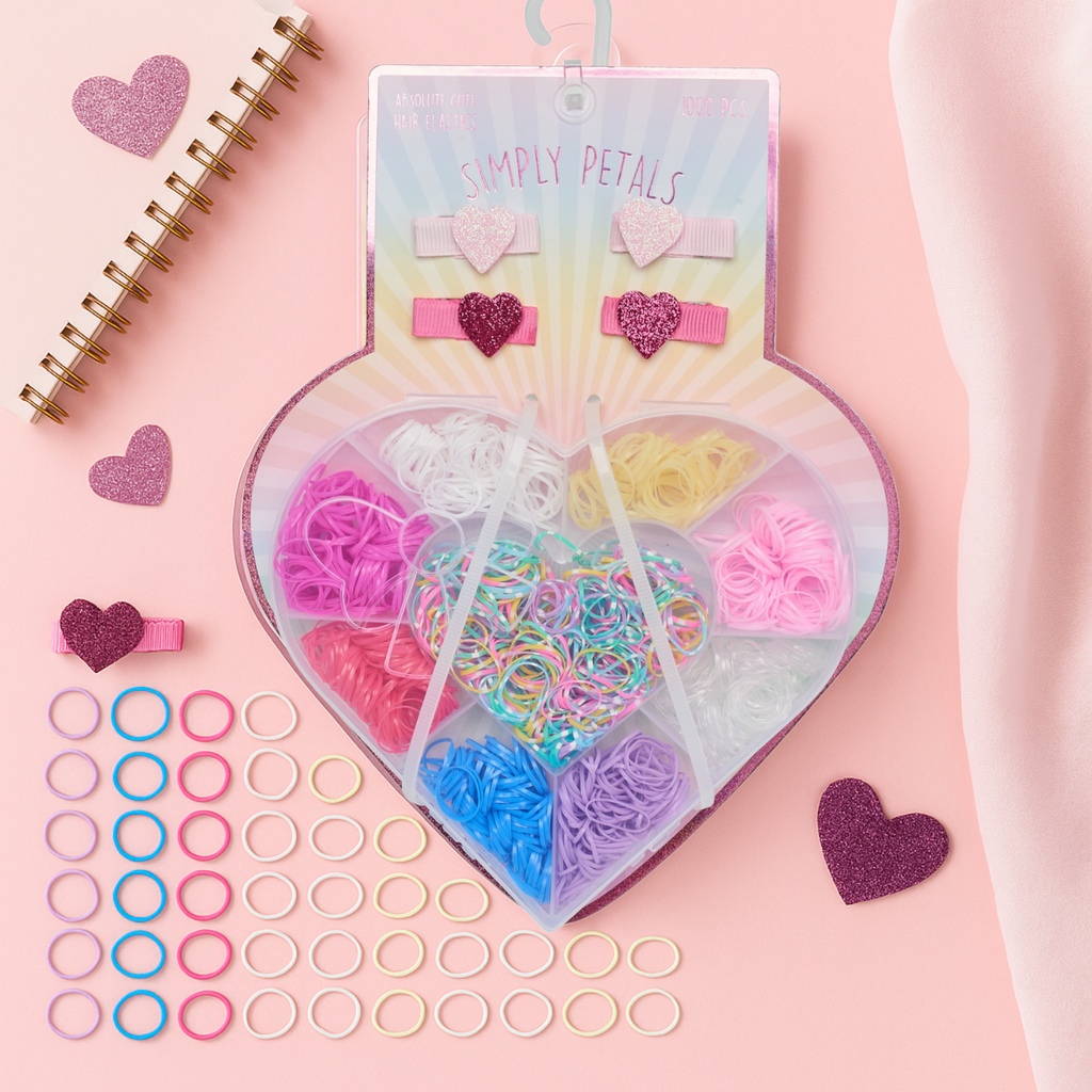 Simply Petals 1000pc Girls' Hair Elastics Accessory Gift Set with Har Ties Elastics & Glitter Heart Clips for Kids