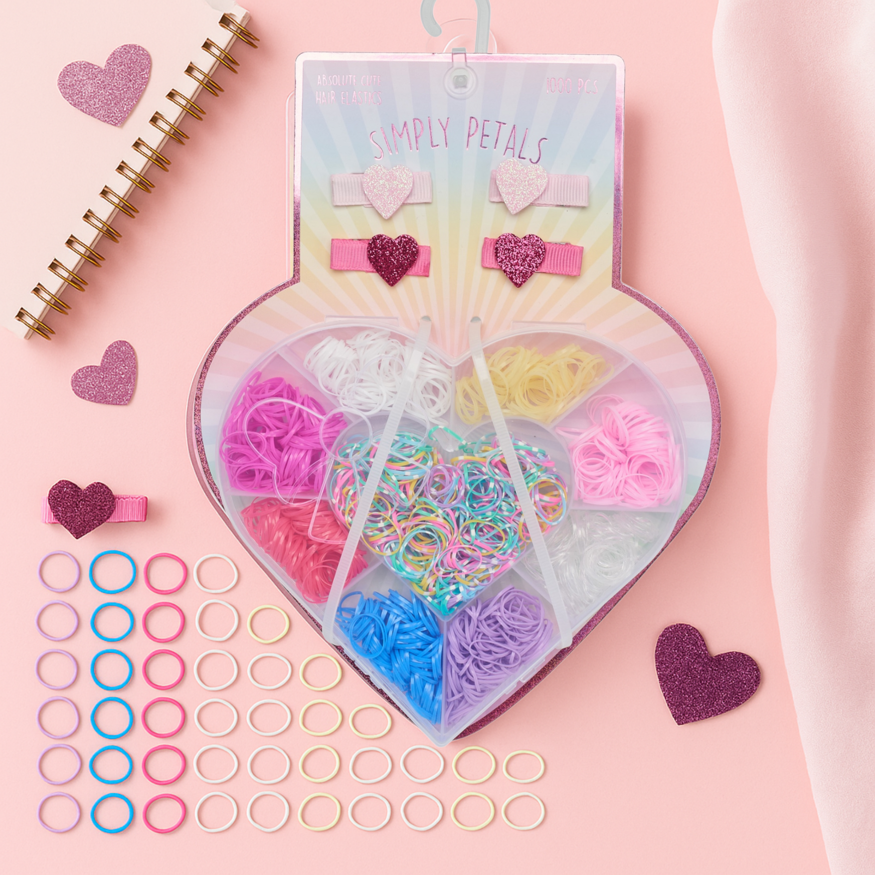Simply Petals 1000pc Girls' Hair Elastics Accessory Gift Set with Har Ties Elastics & Glitter Heart Clips for Kids