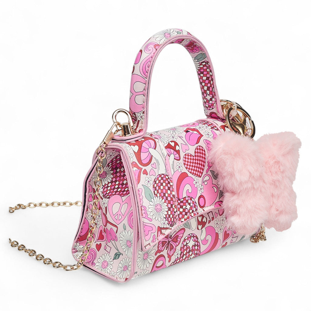 Willow & Ruby Girls' Mini Groovy Love & Peace Print Top Handle Crossbody Bag with Fluffy Butterfly Charm