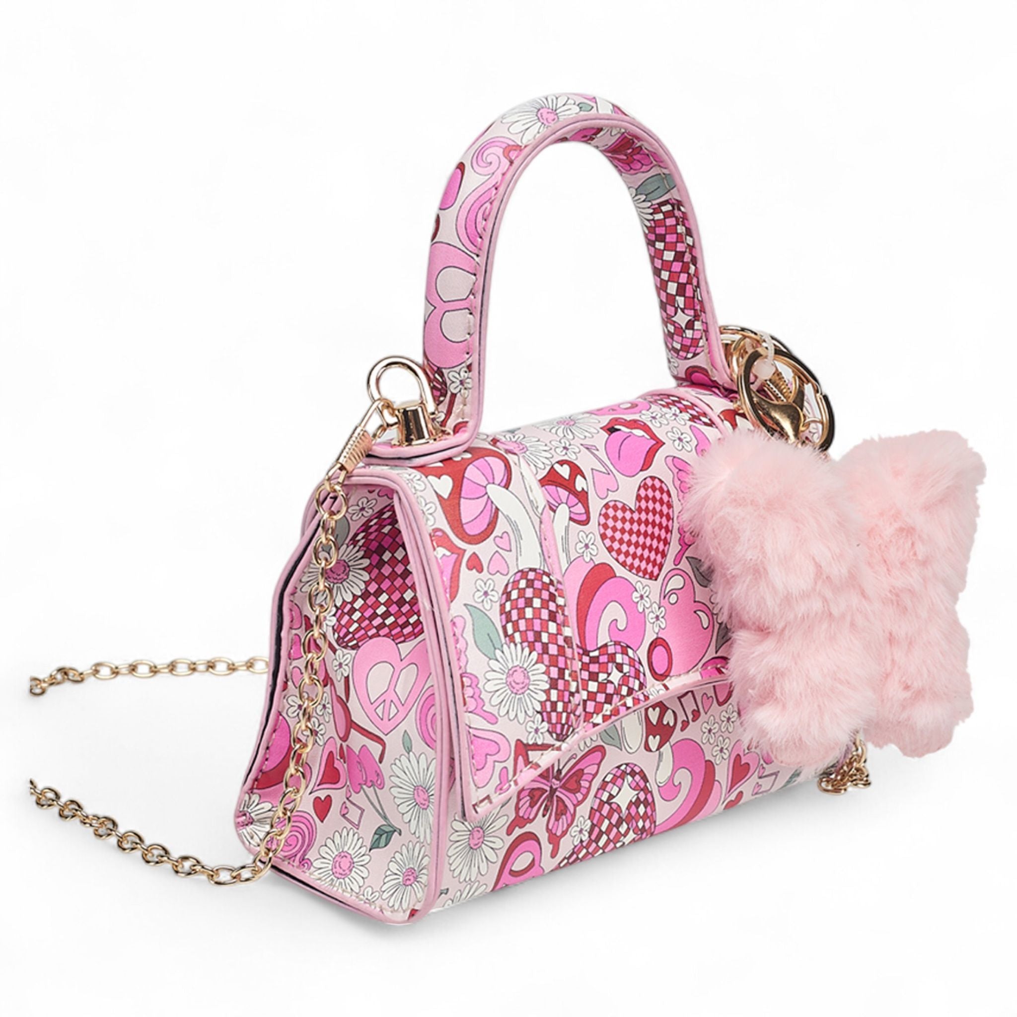 Willow & Ruby Girls' Mini Groovy Love & Peace Print Top Handle Crossbody Bag with Fluffy Butterfly Charm
