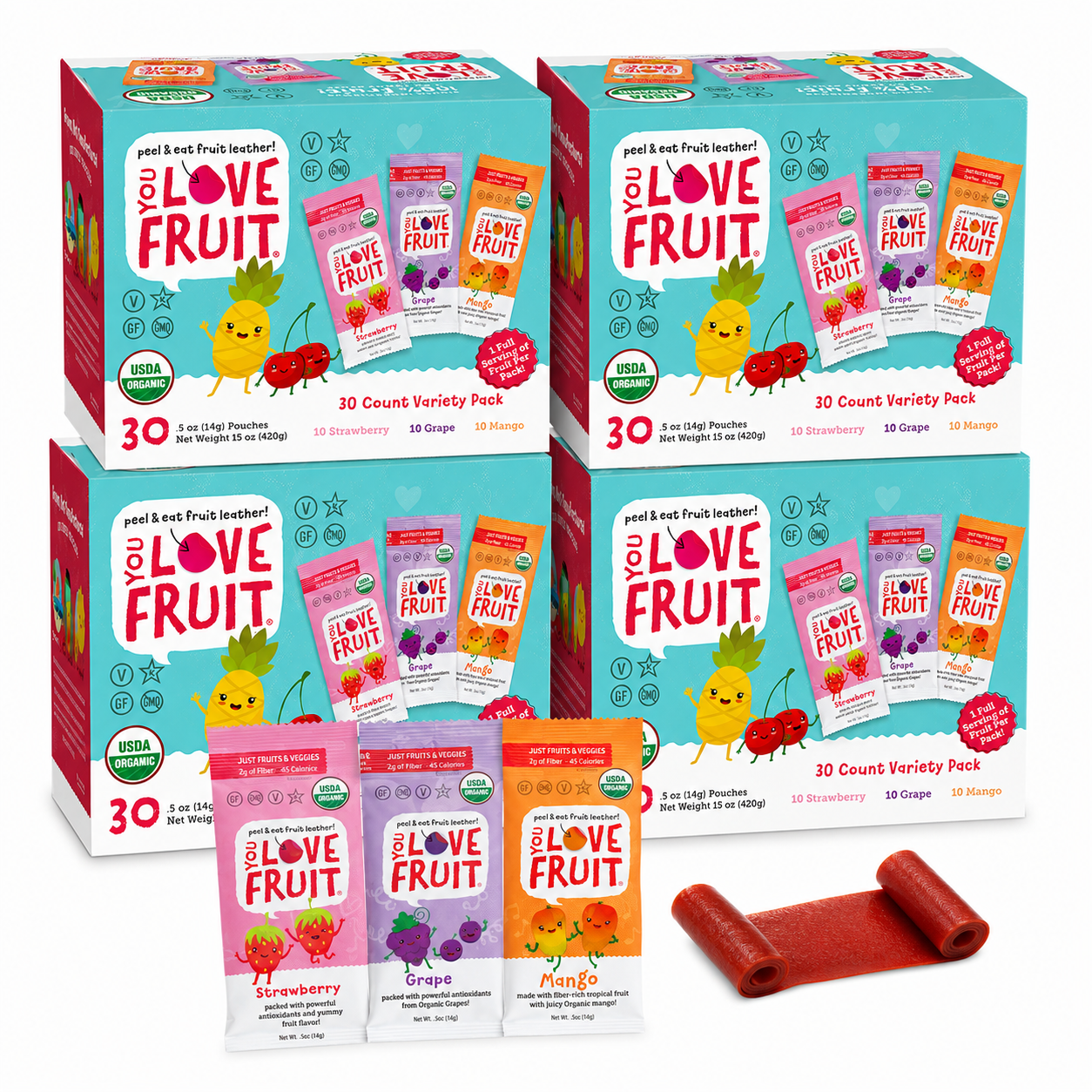 YOU LOVE FRUIT Organic Fruit Snacks — 120 Count Case (4 × 30-Count Variety Boxes)