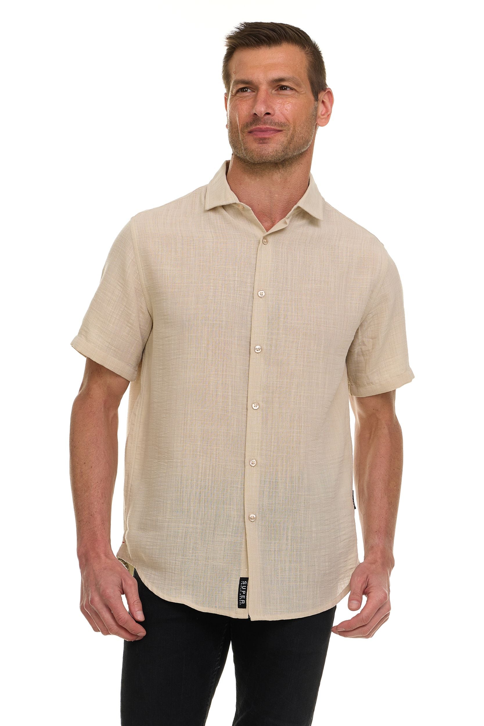 Canada Weather Gear Men’s Linen Look Short Sleeve Button-Up Shirt – Lightweight Collared Casual Shirt for Summer