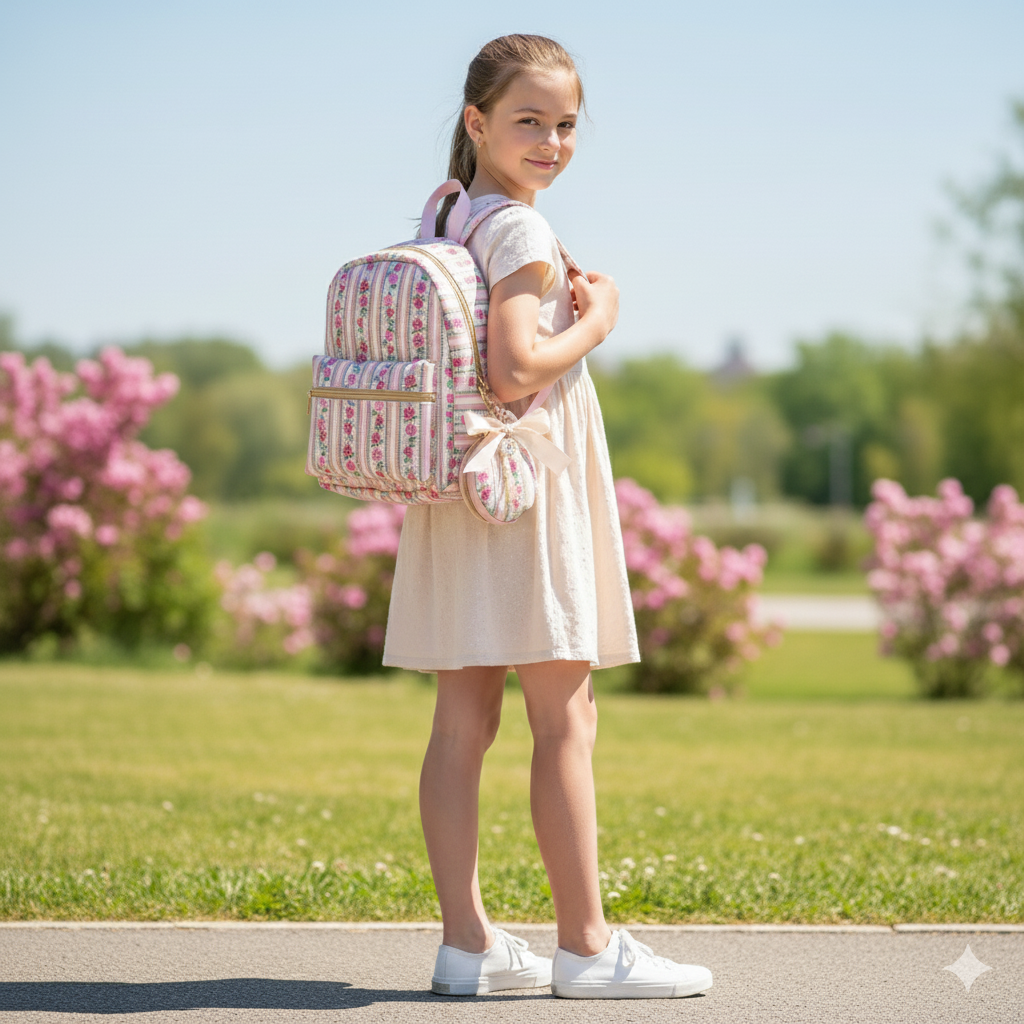 A Little Obsessed Girl's Floral Garden Party Backpack Set with Matching Coin Purse & Pearl Keychain – Cute Mini Backpack for Kids