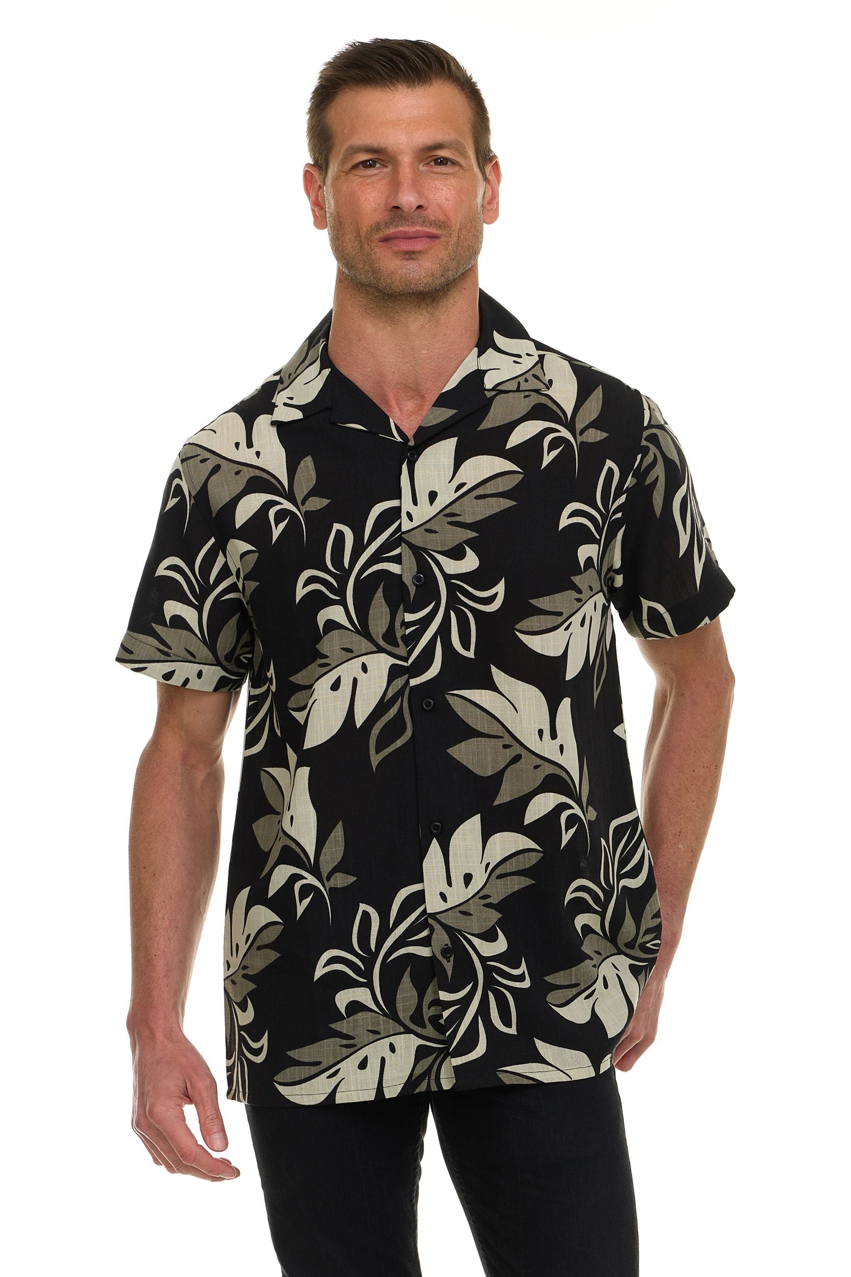 Super Triple Goose Men’s Short Sleeve Linen-Look Resort Shirt – Lightweight Button-Down Camp Shirt with Tropical Prints