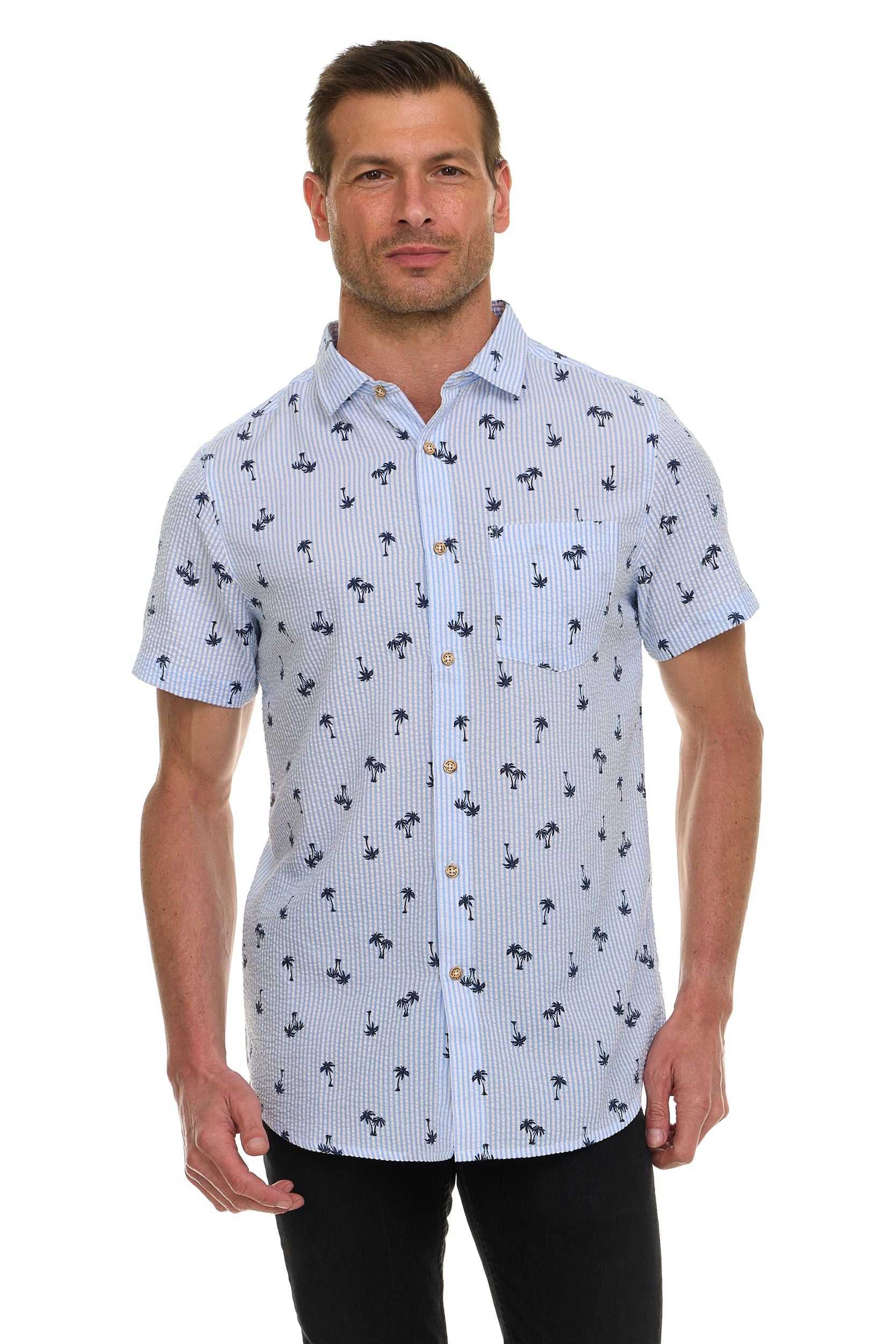 Canada Weather Gear Men’s Seersucker Short Sleeve Shirt with Allover Palm Print – Lightweight Button-Down Casual Shirt