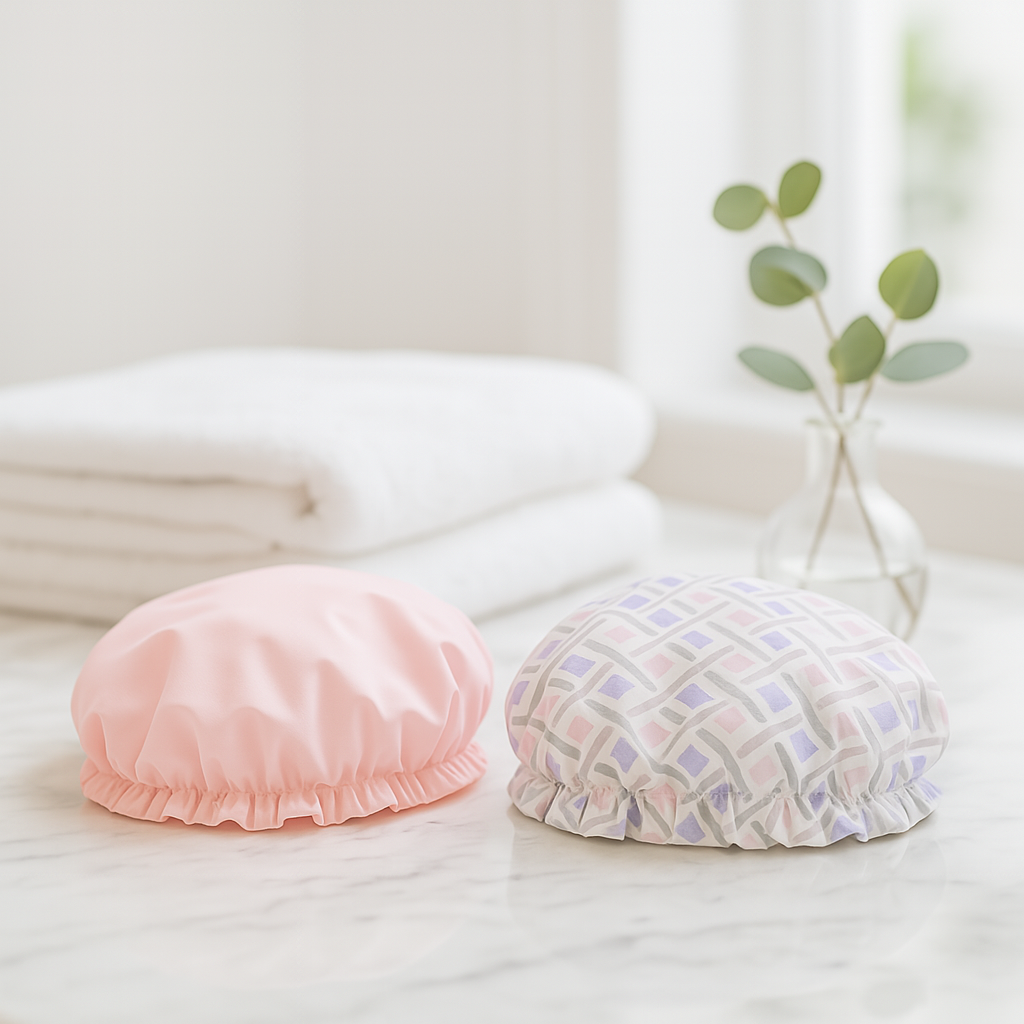 Spa Essentials 2-Pack Shower Caps – Reversible Waterproof Caps with Stylish Patterns & Solid Colors – Hair Protection