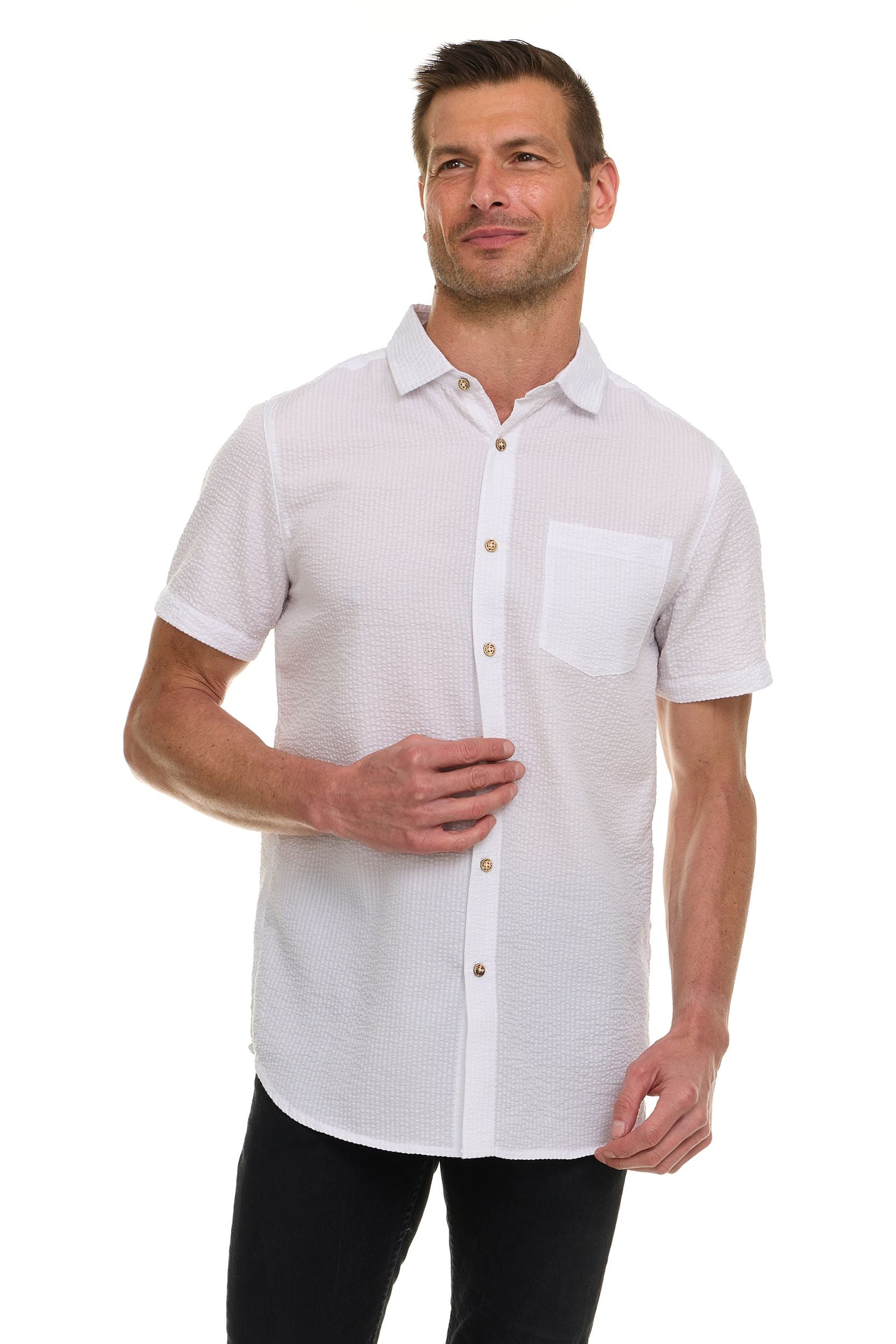 Canada Weather Gear Men’s Seersucker Button-Down Shirt – Short Sleeve Solid Textured Short Sleeve Shirt with Chest Pocket