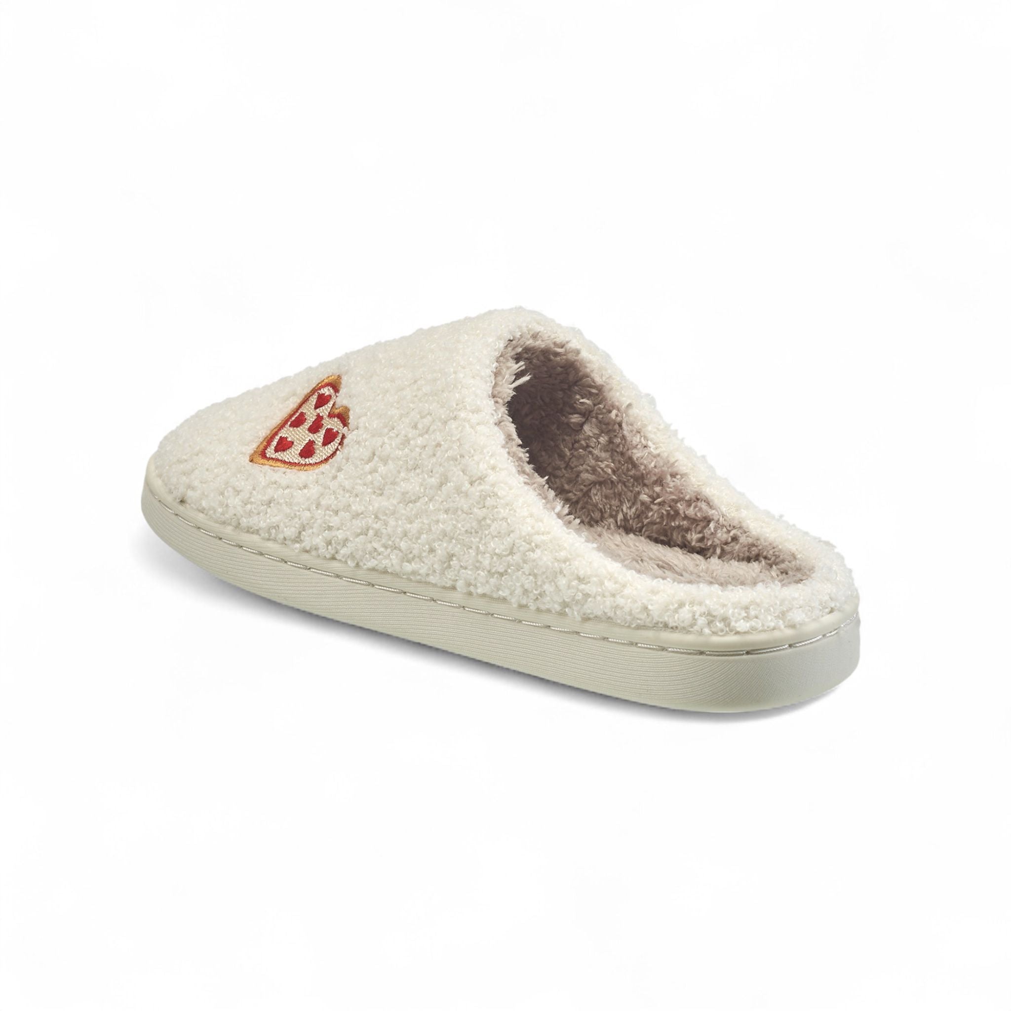 Aéropostale Women’s Fuzzy Pizza-Heart Mule Slippers – Ivory Slip-On House Shoes with Pepperoni Heart Embroidery & Non-Slip Outsole in Large