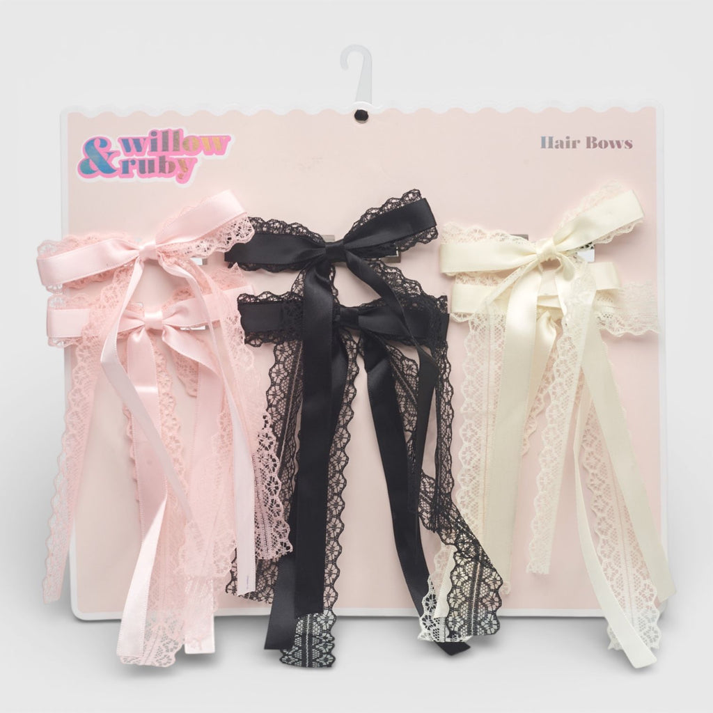 Willow & Ruby 6pk Lace & Satin Ribbon Hair Bows - Pink/Ivory/Black