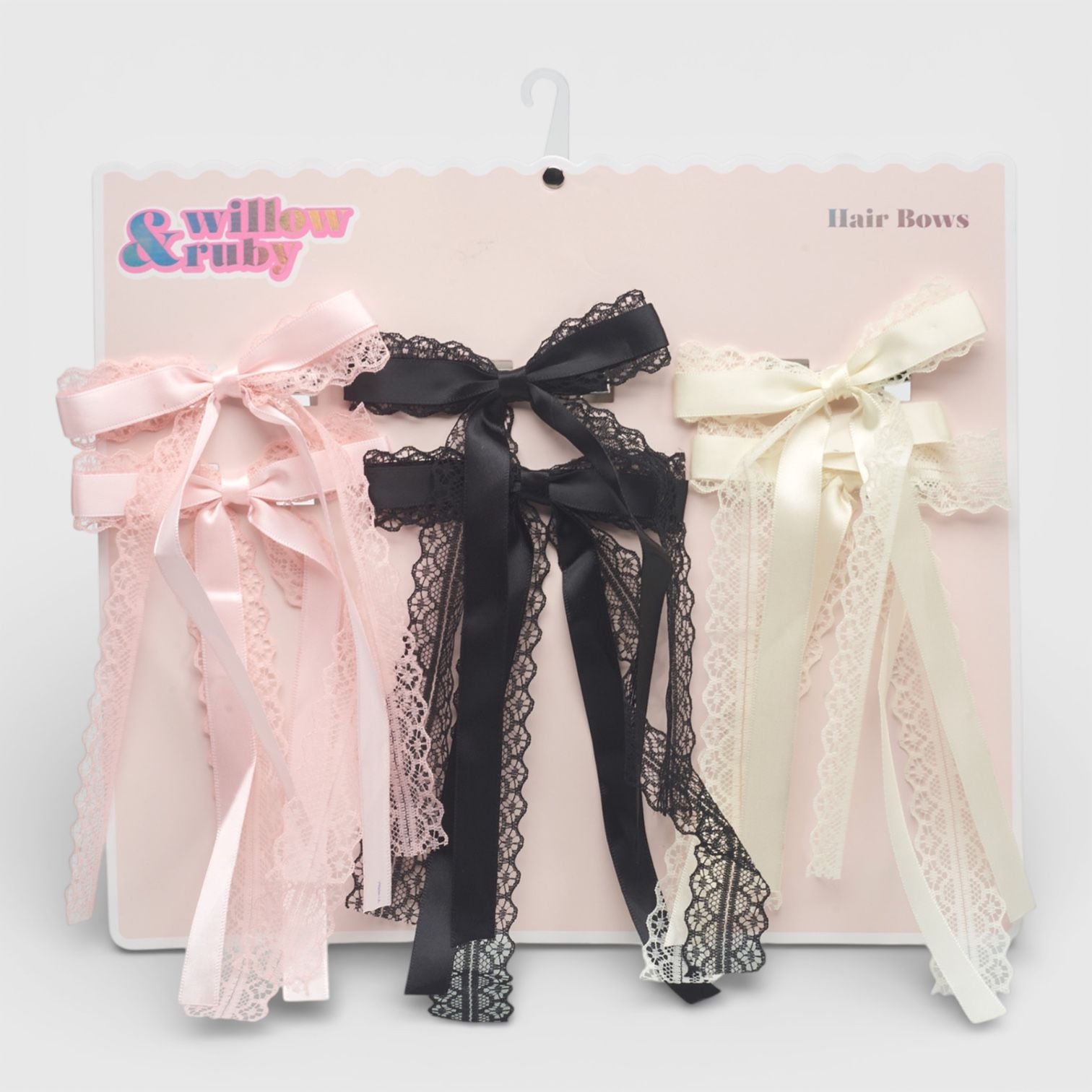 Willow & Ruby 6pk Lace & Satin Ribbon Hair Bows - Pink/Ivory/Black