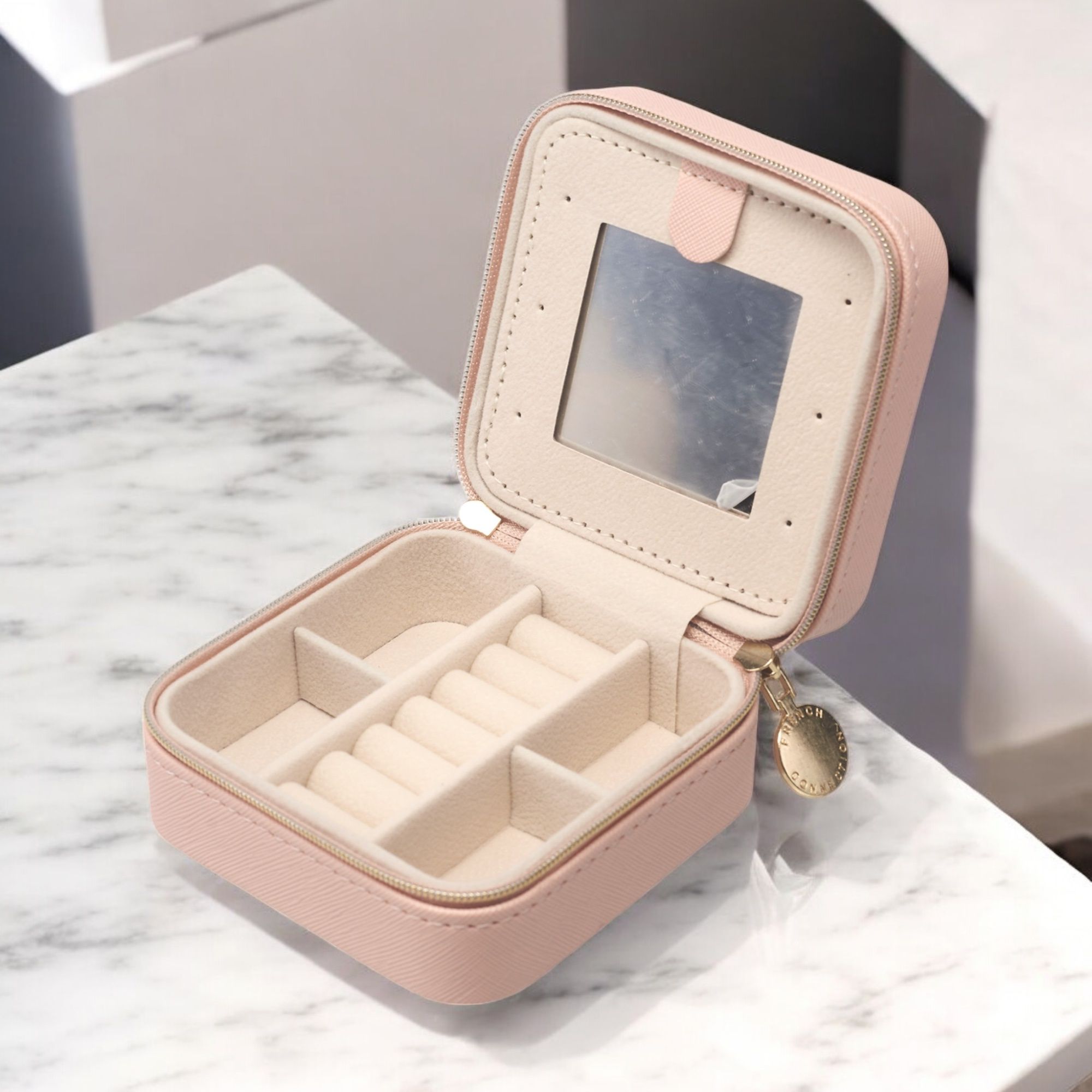 French Connection Small Travel Accessory Organizer with Mirror – Compact Jewelry Storage Box, Faux Leather