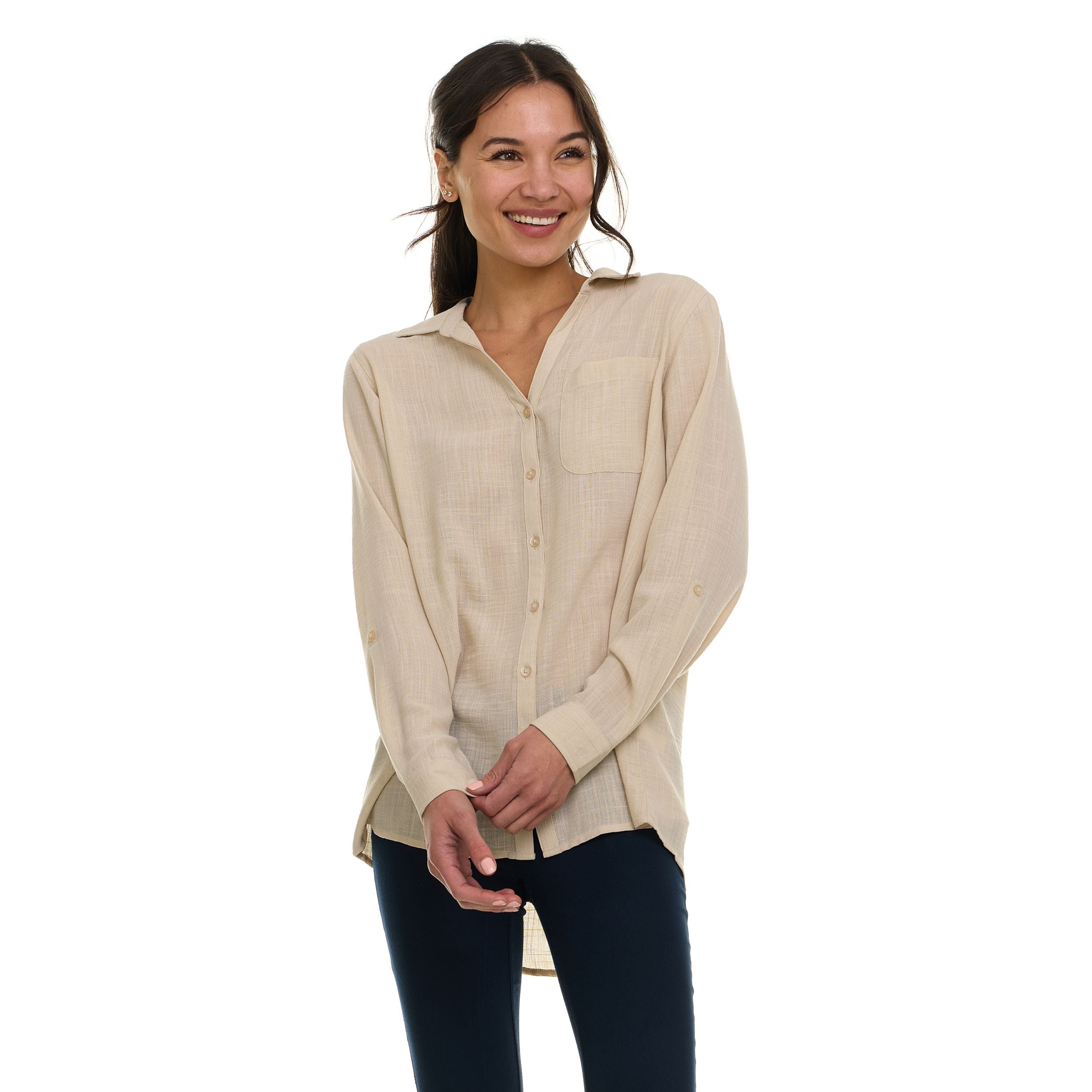 Super Triple Goose Women’s Linen Long Sleeve Button-Down Shirt – Lightweight Casual Collared Top with Pocket