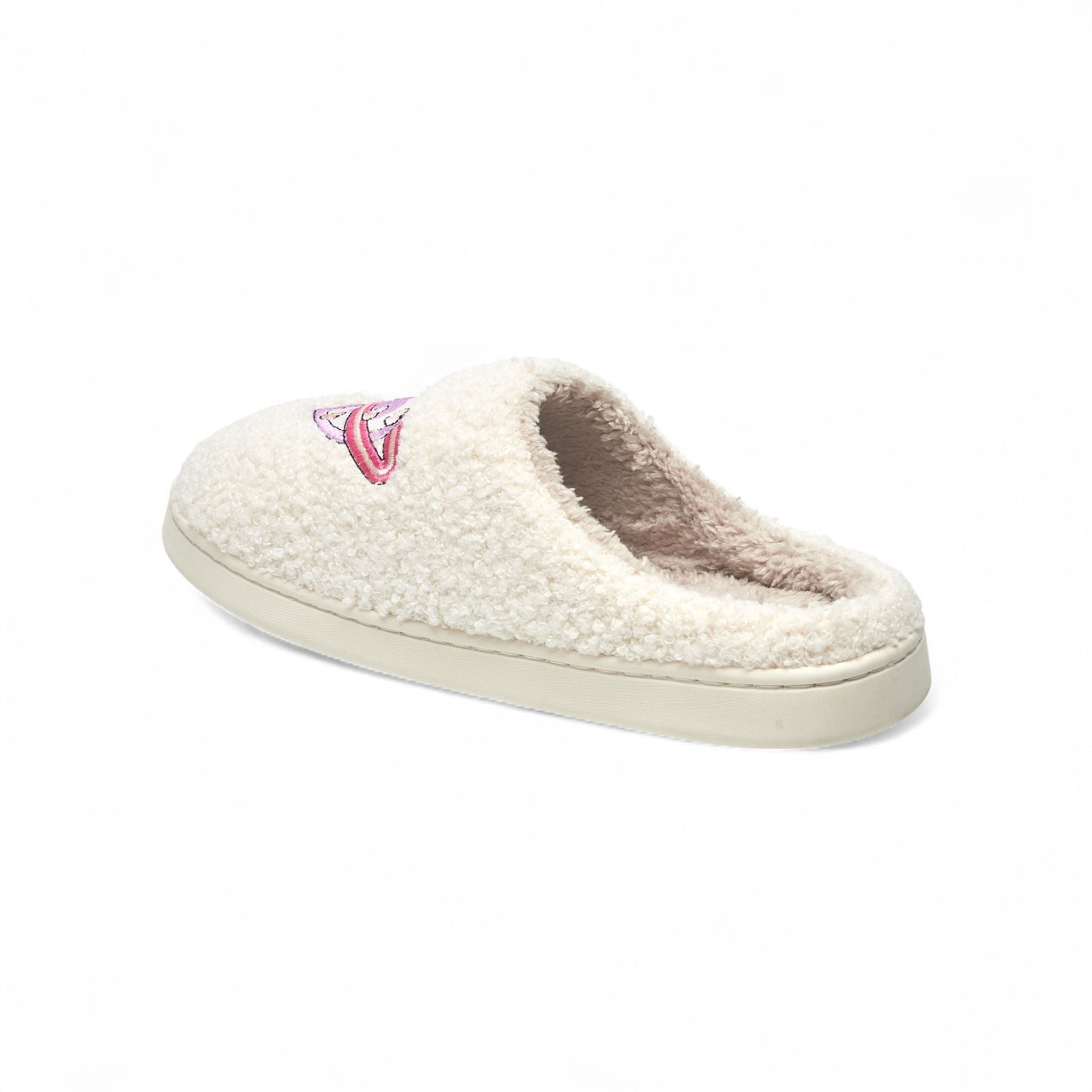 Aéropostale Women’s Fuzzy “Pink Heart-Planet” Mule Slippers – Ivory Slip-On House Shoes with Pastel Planet-Heart Embroidery