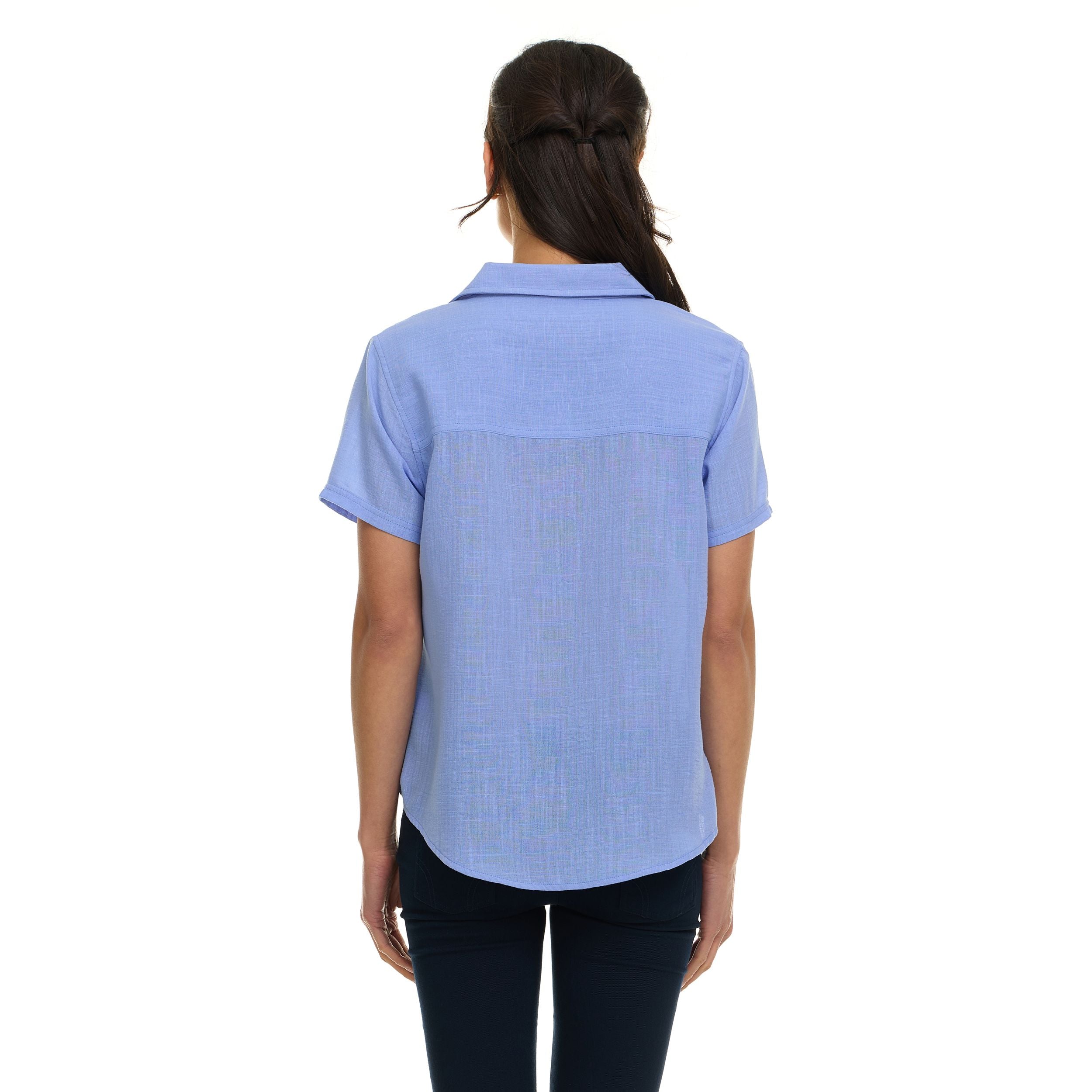 Super Triple Goose Women’s Short Sleeve Linen Shirt – Lightweight Button-Up Collared Blouse with Front Pockets