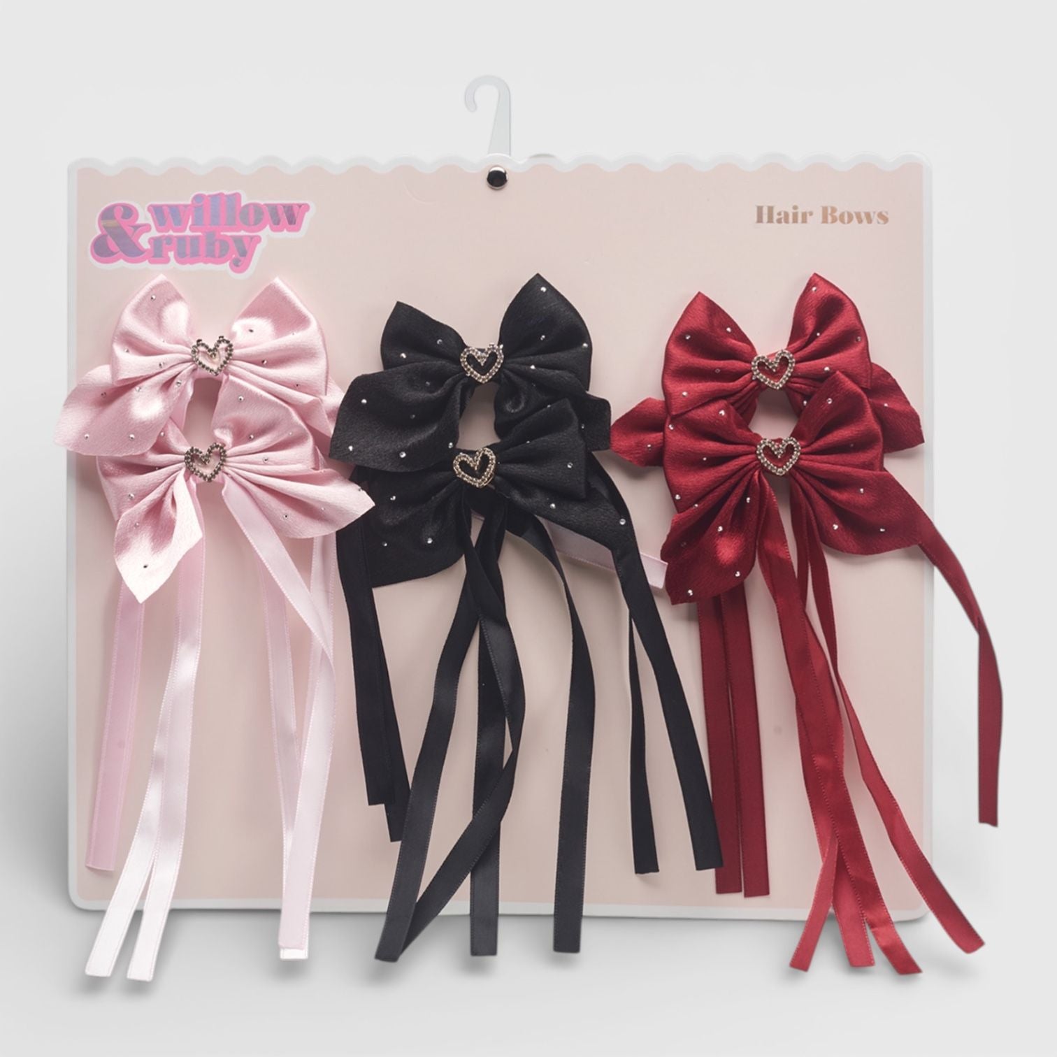Willow & Ruby 6pk Rhinestone Heart Satin Hair Bows - Pink/Black/Red