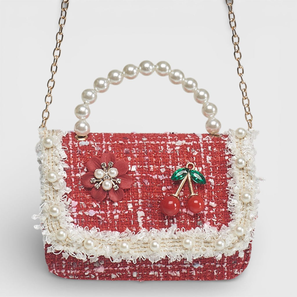 Willow & Ruby Girl's Tweed Mini Handbag with Pearl Handle in Red