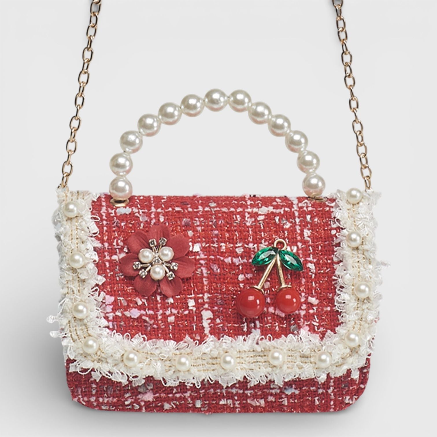 Willow & Ruby Girl's Tweed Mini Handbag with Pearl Handle in Red
