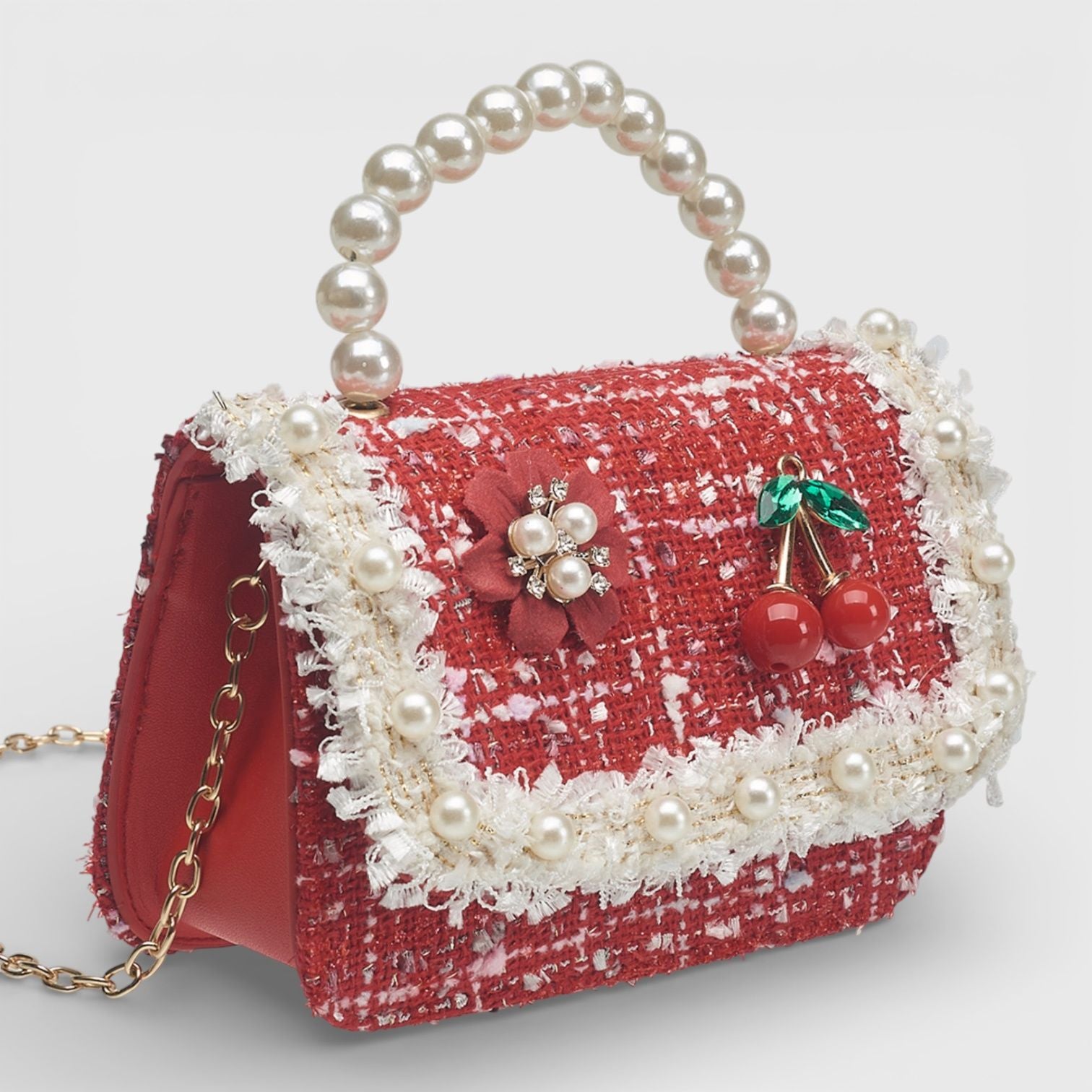 Willow & Ruby Girl's Tweed Mini Handbag with Pearl Handle in Red