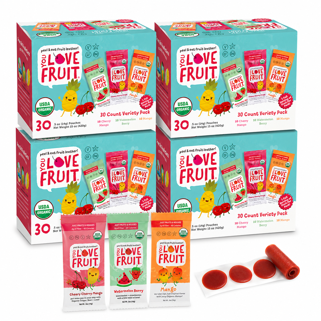 YOU LOVE FRUIT Organic Fruit Snacks — 120 Count Case (4 × 30-Count Variety Boxes)