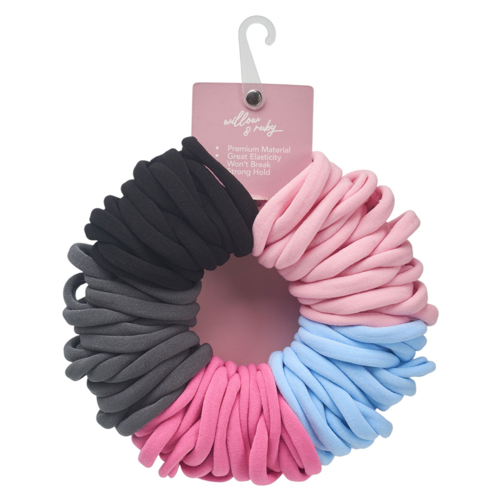 Willow & Ruby 100pc Hair Ties – Elastic Ponytail Holders for All Hair Types, Strong & Stretchy Hair Bands in Black, Pink, Gray, and Blue
