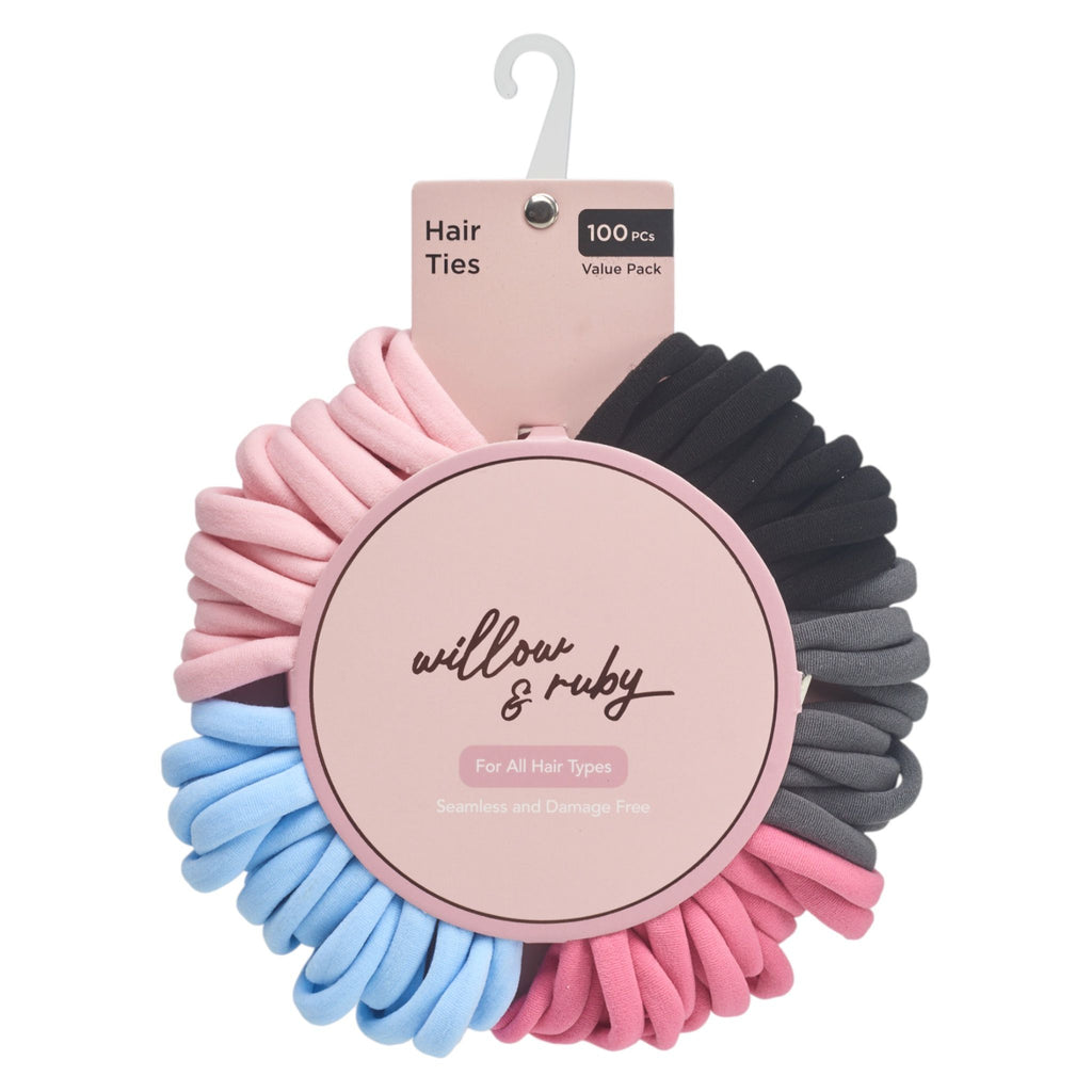 Willow & Ruby 100pc Hair Ties – Elastic Ponytail Holders for All Hair Types, Strong & Stretchy Hair Bands in Black, Pink, Gray, and Blue