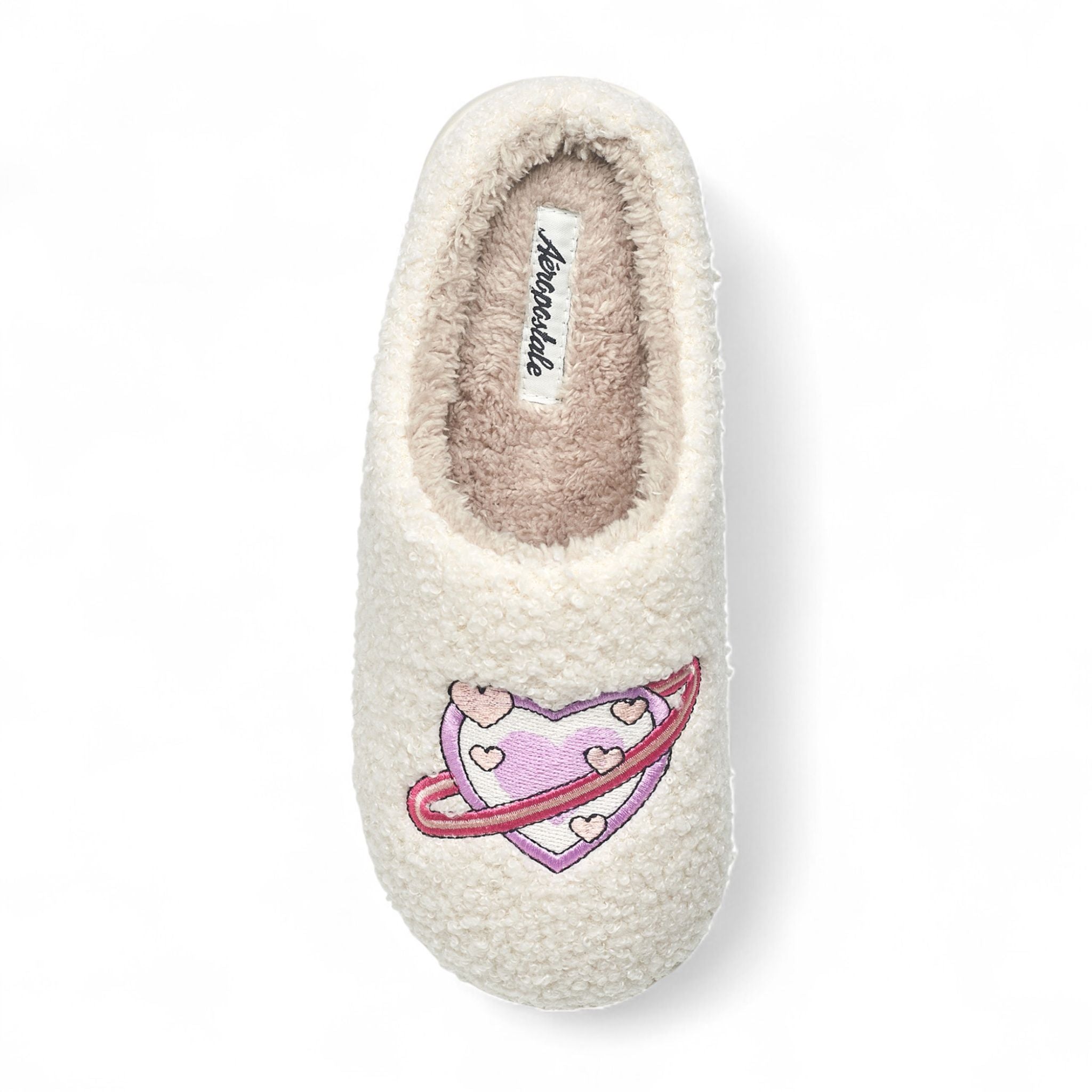 Aéropostale Women’s Fuzzy “Pink Heart-Planet” Mule Slippers – Ivory Slip-On House Shoes with Pastel Planet-Heart Embroidery