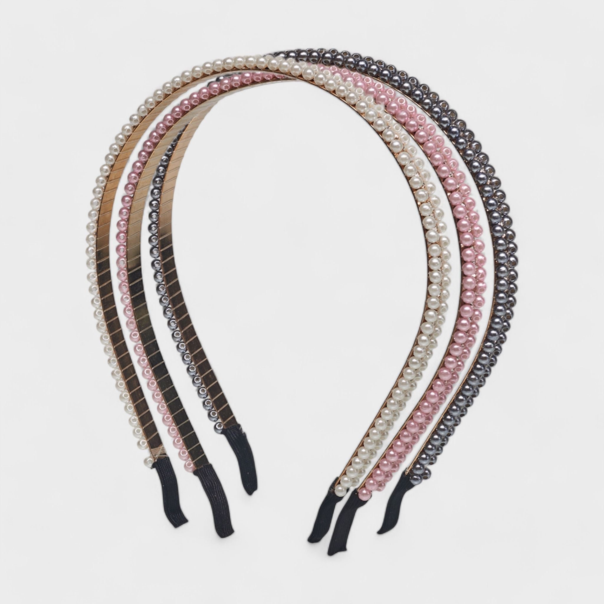 Hair Essentials Women's 3-Pack Pearl Embellished Headbands - Multi-Color (Pink, White, Gray) - Women's Hair Accessories for Stylish Everyday Looks