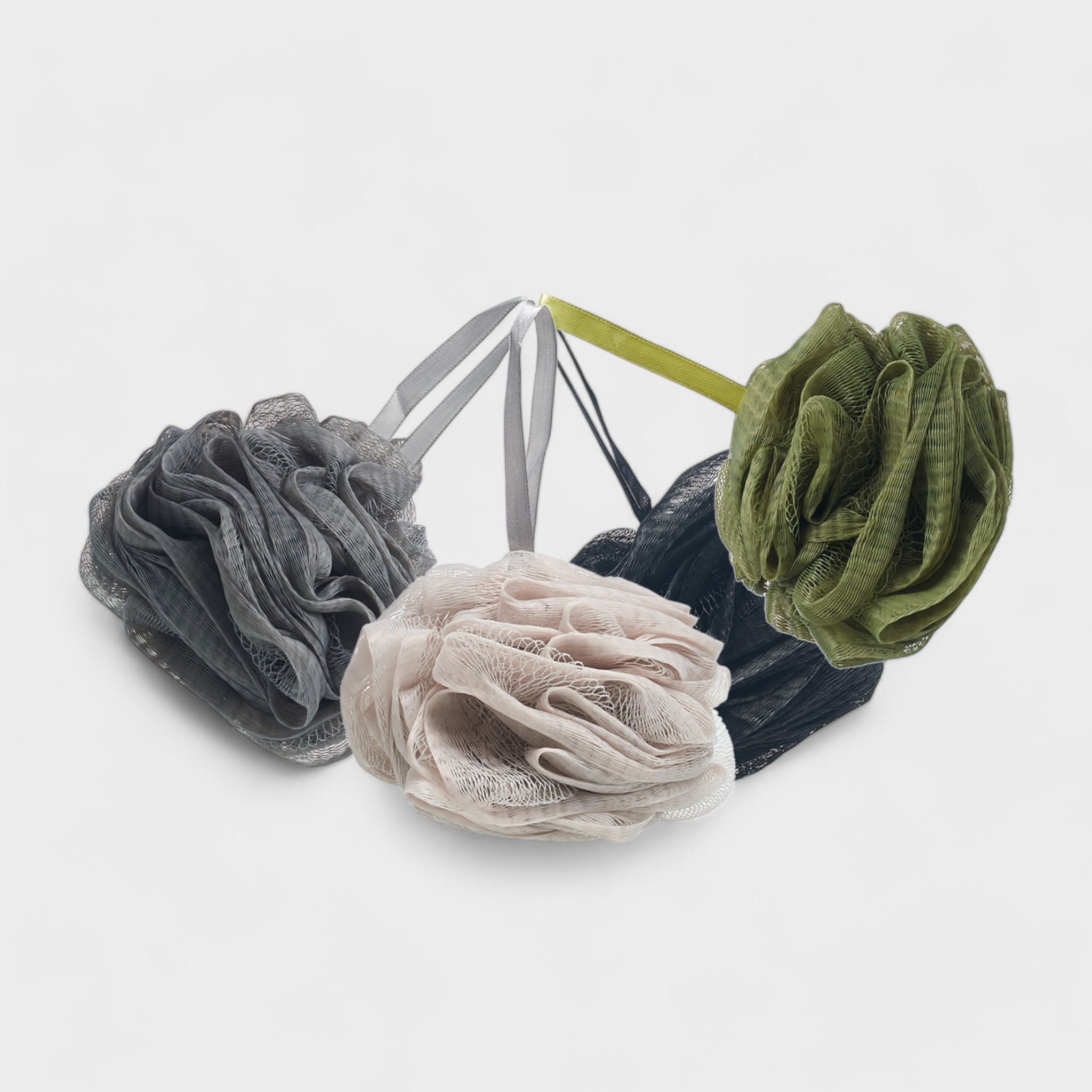 Spa Essentials 4 Pack Bath Loofahs - Shower Poufs with Reusable Travel Bag (Black, Gray, Green, Light Gray)