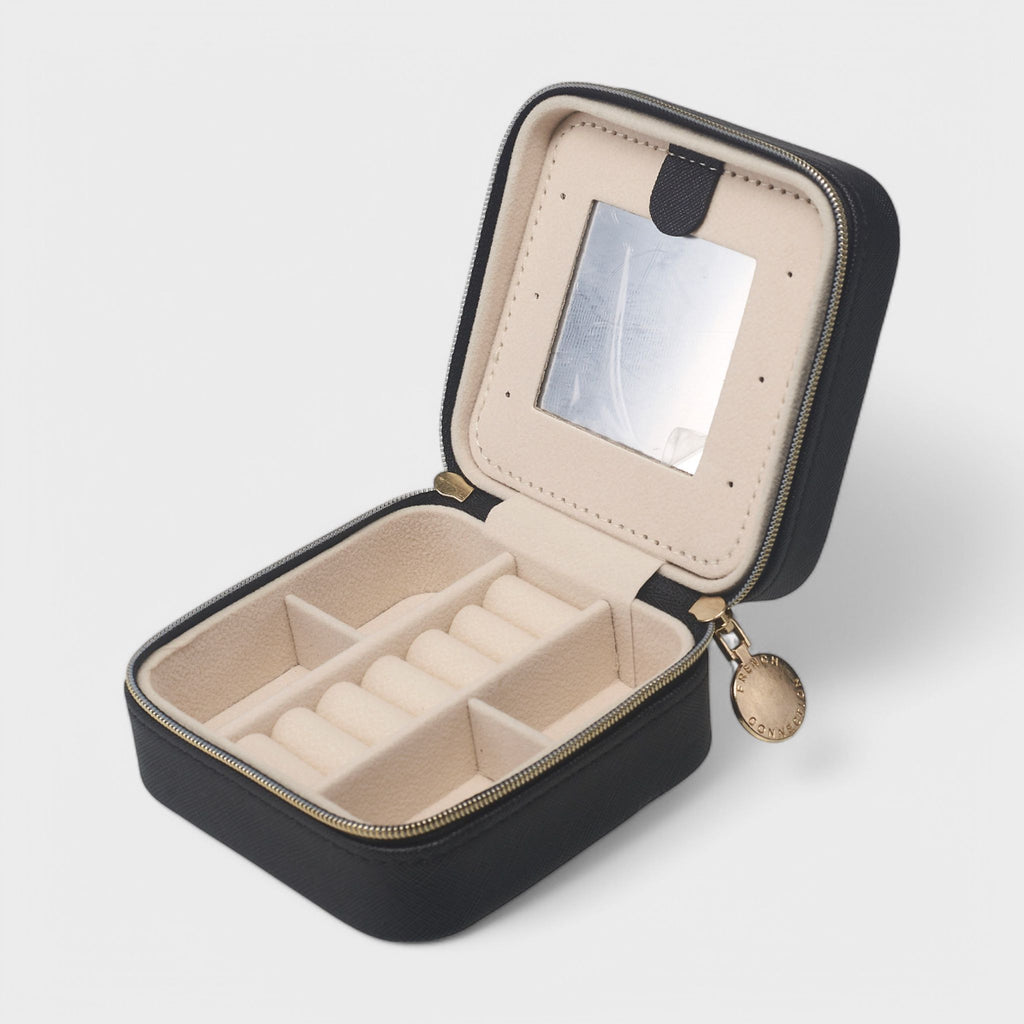 French Connection Small Travel Accessory Organizer with Mirror – Compact Jewelry Storage Box, Faux Leather