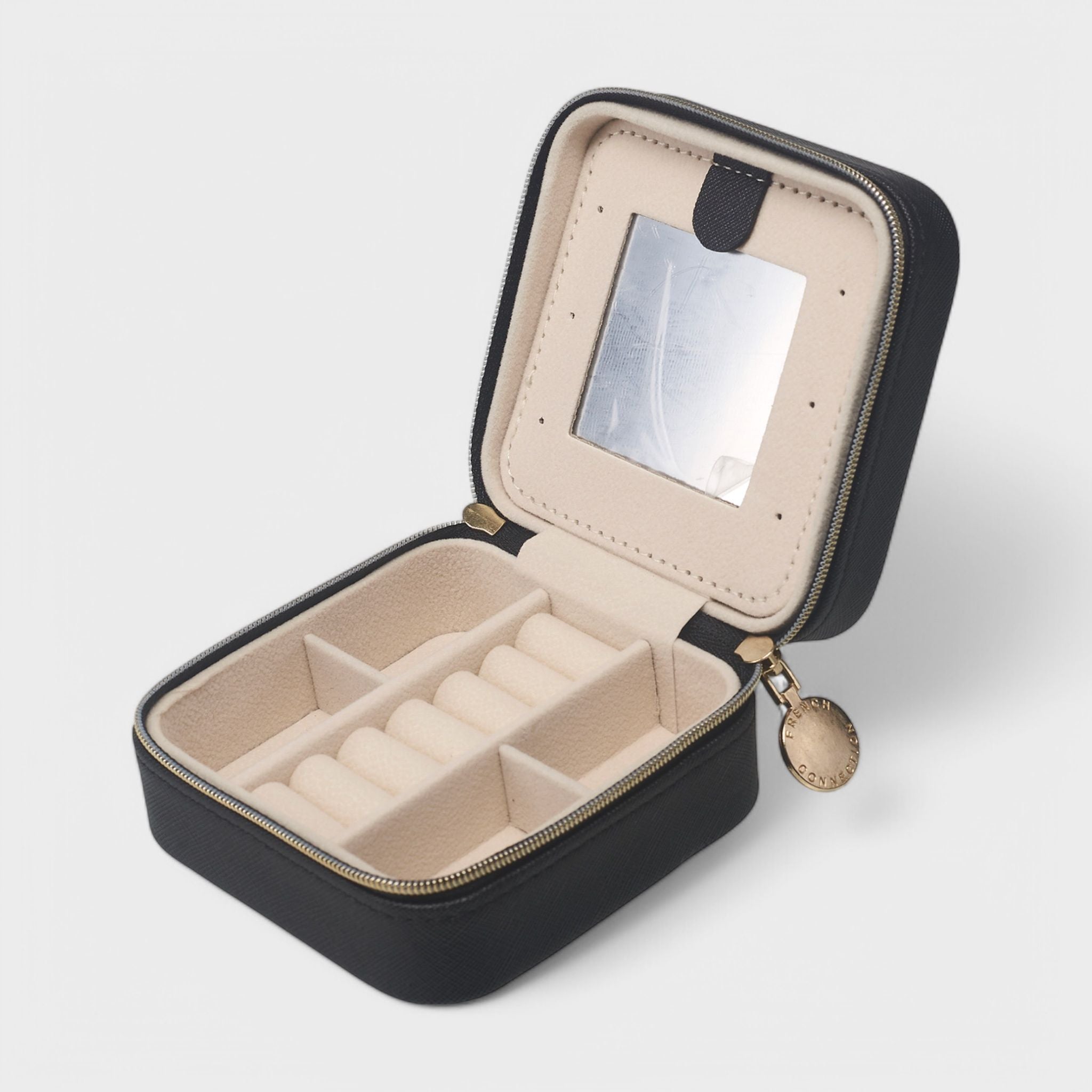 French Connection Small Travel Accessory Organizer with Mirror – Compact Jewelry Storage Box, Faux Leather