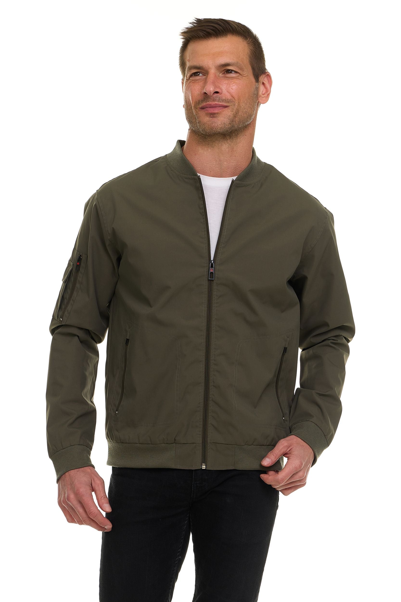 Canada Weather Gear Men’s Water Resistant Microfiber Bomber Jacket – Lightweight Zip-Up Windbreaker with Sleeve Pocket